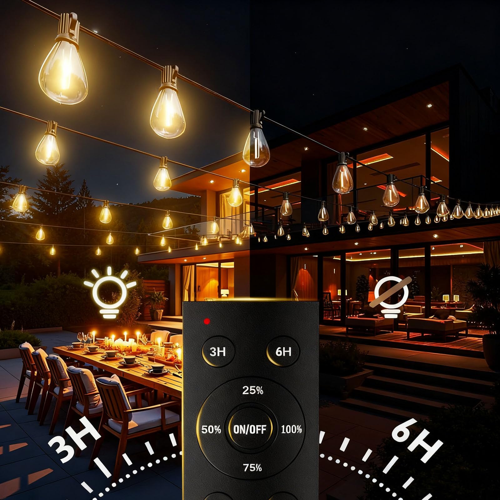 REEMEER Guirnalda de luces LED para exteriores de 200 pies con control remoto, temporizador regulable, 3 modos de luz, luces exteriores de patio para patio, porche, terraza, jardín, balcón, piscina