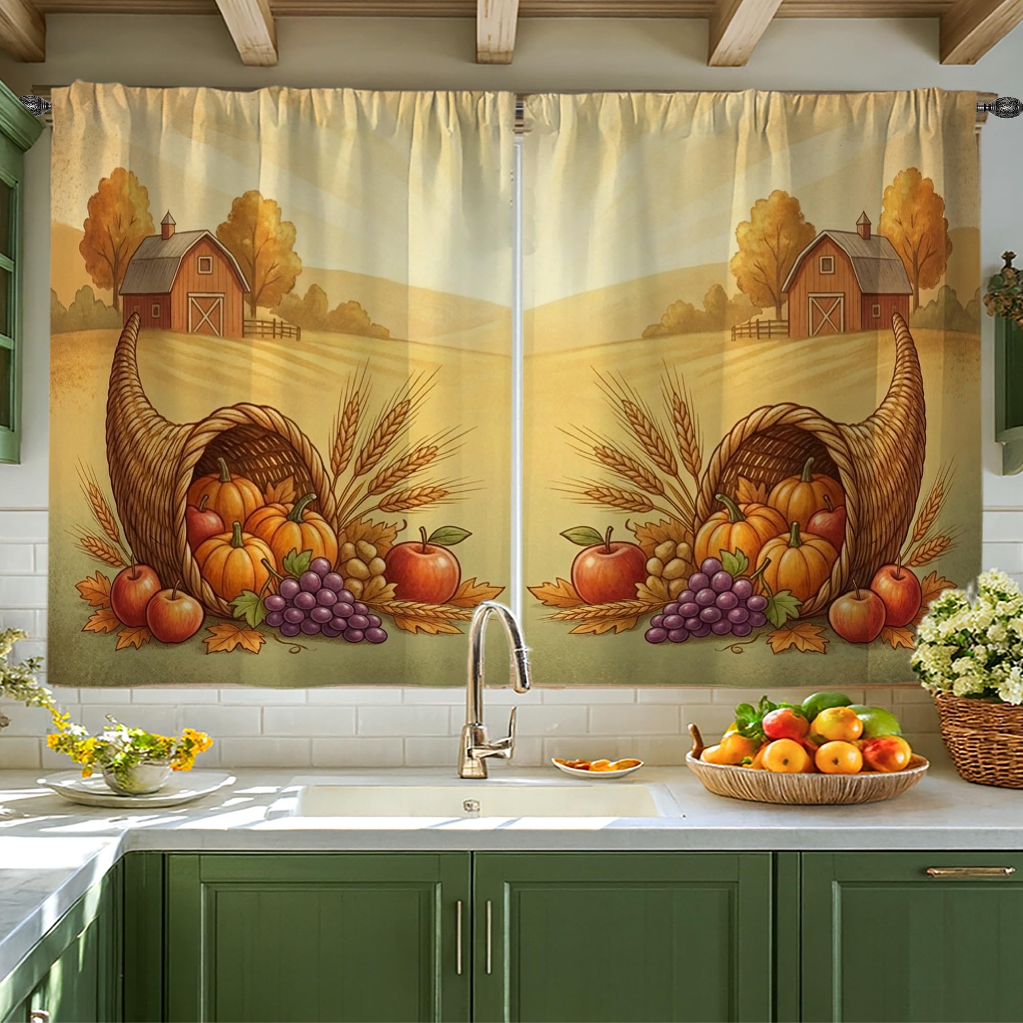Rideaux motif cornucopia pour cacher le vis-à-vis de l'évier