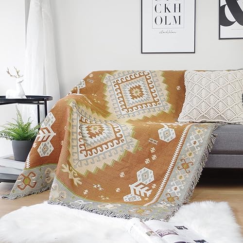 Luxlovery Manta bohemia para sofá, color amarillo polvoriento y gris, bohemio, hippie, tribal, bohemio, azteca, manta para sofá o cama, manta de