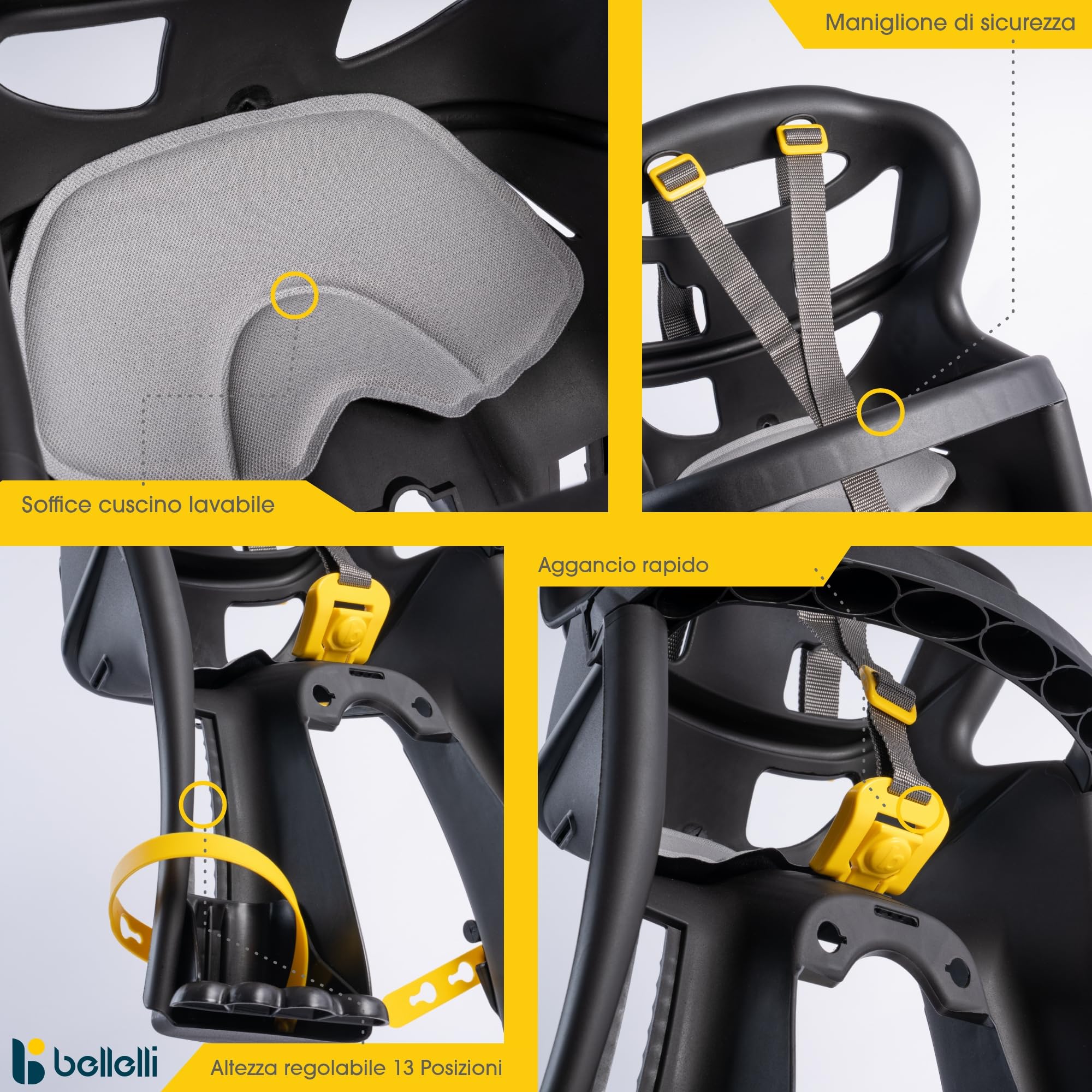 Bellelli | Tatoo Plus - Seggiolino Anteriore per Bicicletta - per Bambini Fino a 15 kg, da 9 Mesi a 3 Anni - Si Fissa al Manubrio - Colore Silk Grey