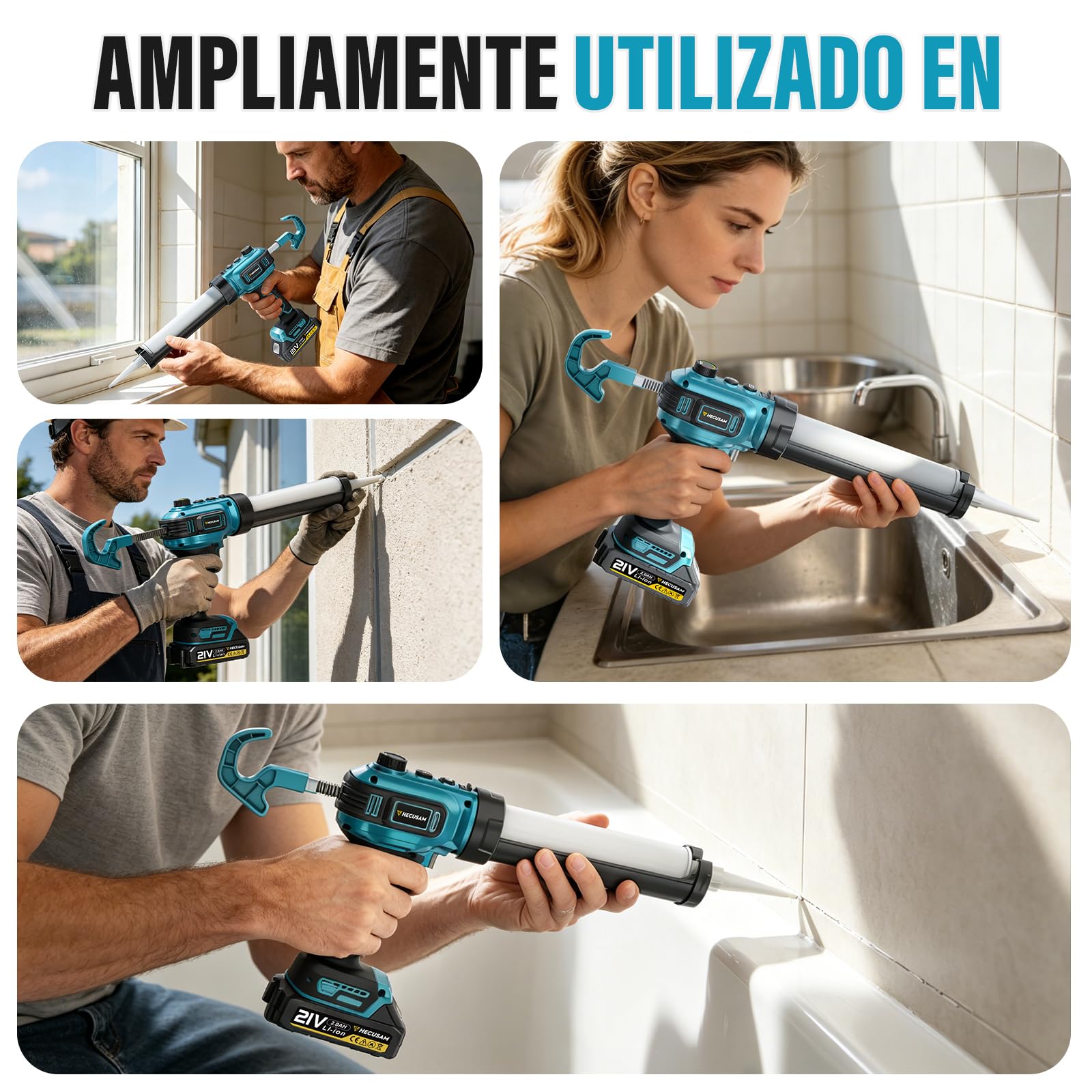 Pistola de calafateo eléctrica, 150-310 ml, Equipado con 2*baterías de 2,0 Ah, luz LED, Función antigoteo, PortáTil Cemento Pistola De EléCtrica