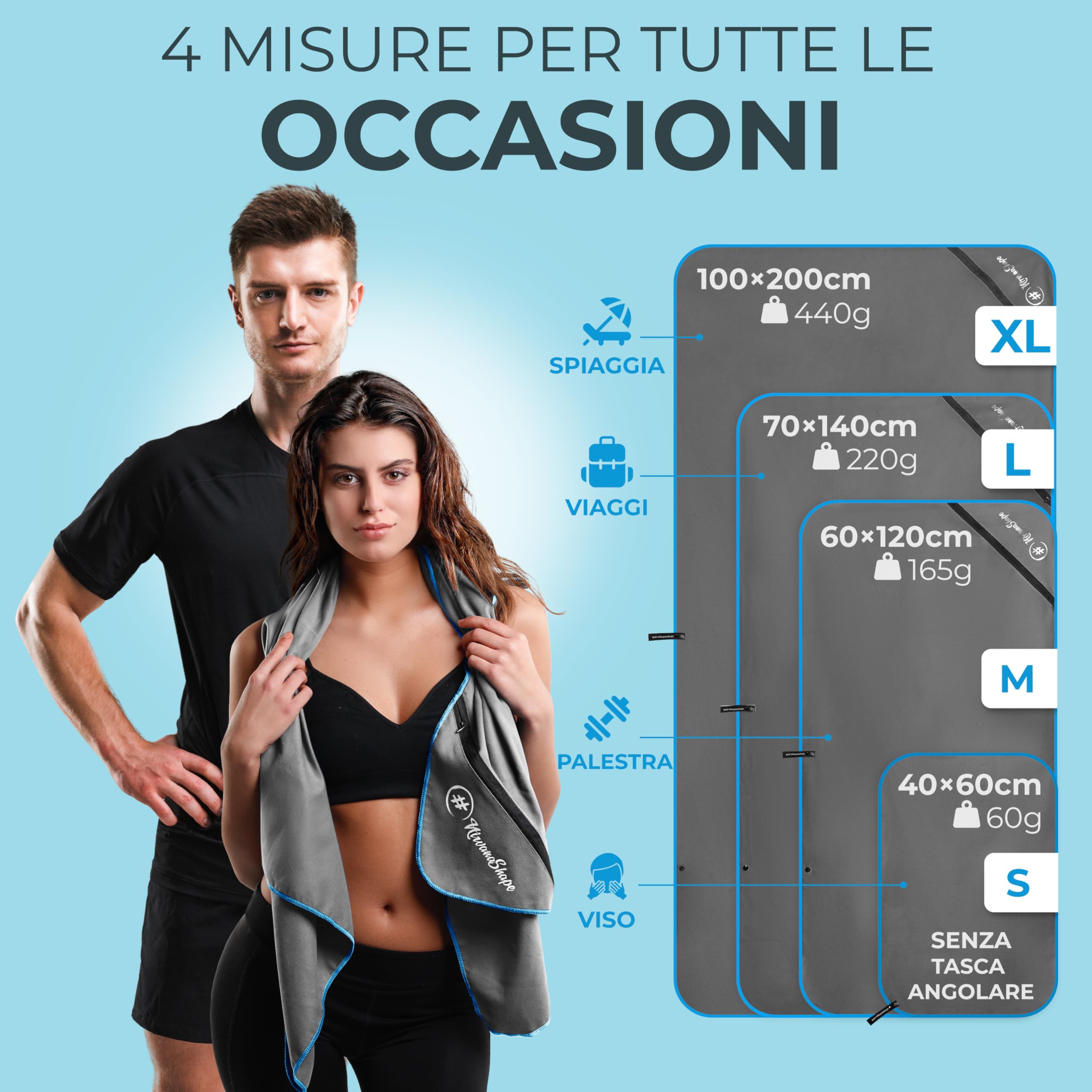 NirvanaShape Asciugamani in microfibra | assorbenti, leggeri, asciugano in fretta | Asciugamani da bagno, asciugamani da viaggio, spiaggia, asciugamani sportivi | Ideali per fitness, yoga, sauna
