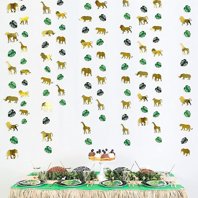 46Ft Gold and Green Animal Palm Leaf Garland Party Decorations Hanging Paper Banner Animal Bunting Streamers for Jungle Safari Animal Zoo Themed Wild One Forest Birthday Boys Baby Shower Summer Decor