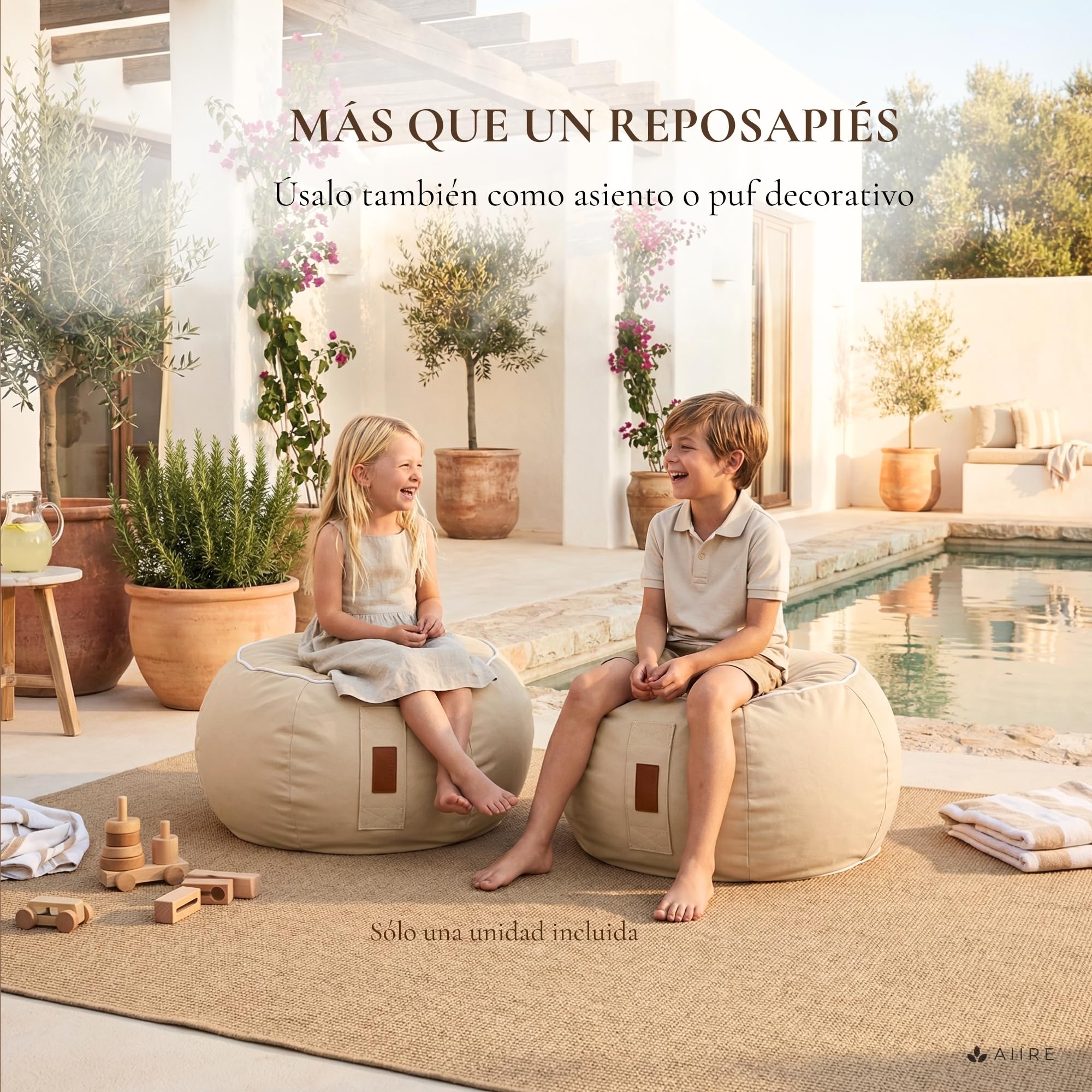 Aiire Puff Exterior Jardín en Olefina - Reposapies Puf con Relleno Incluido XXL de Diseño para Jardín,Terraza o Piscina - Reposa Pies Bean Bag Moderno - Taburete Sofa Beige [45x30]