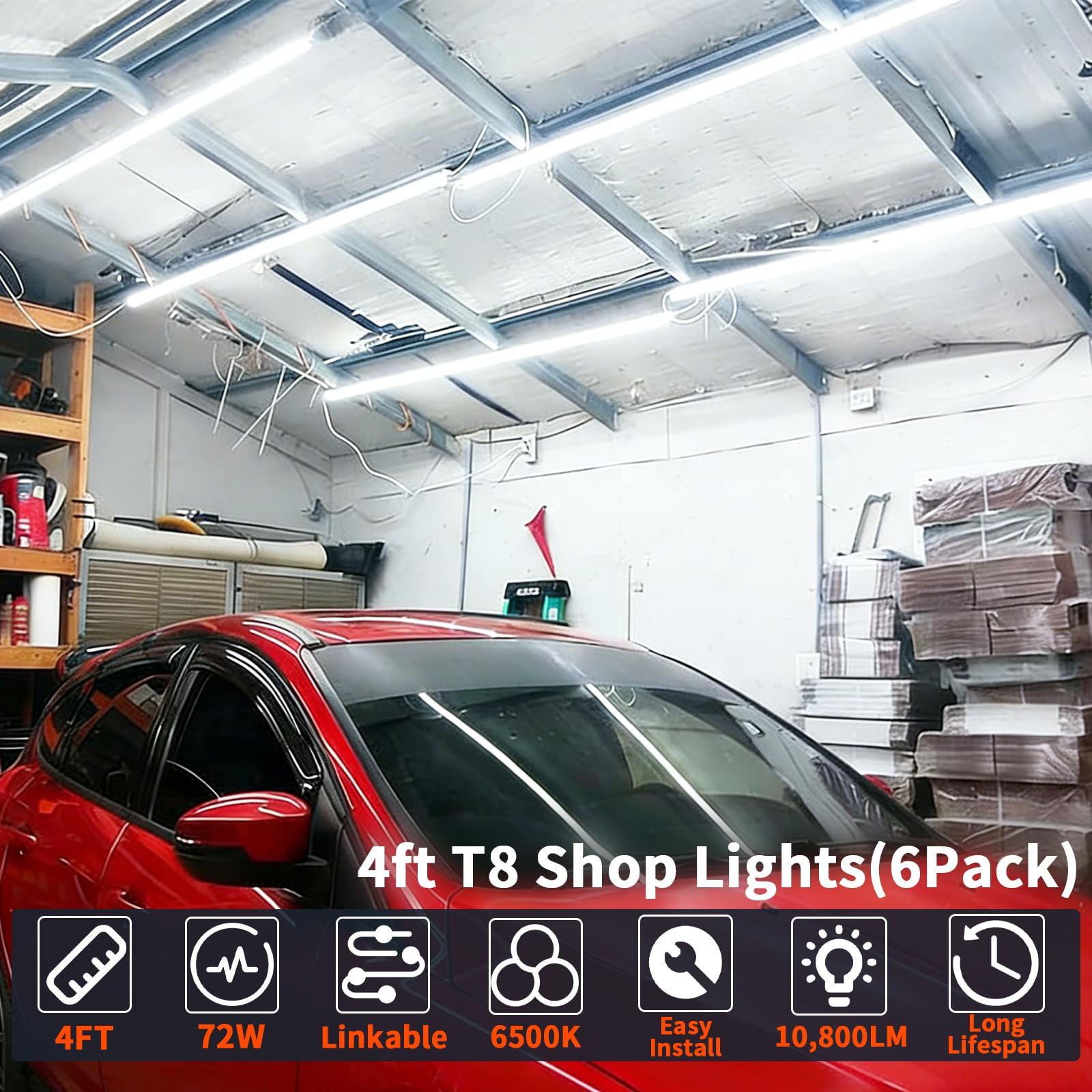 72W LED Shop Lights 4FT 10800LM 6500K Daylight Shop Light Bar with 59 Plug Garage Light Linkable Clear — view 2