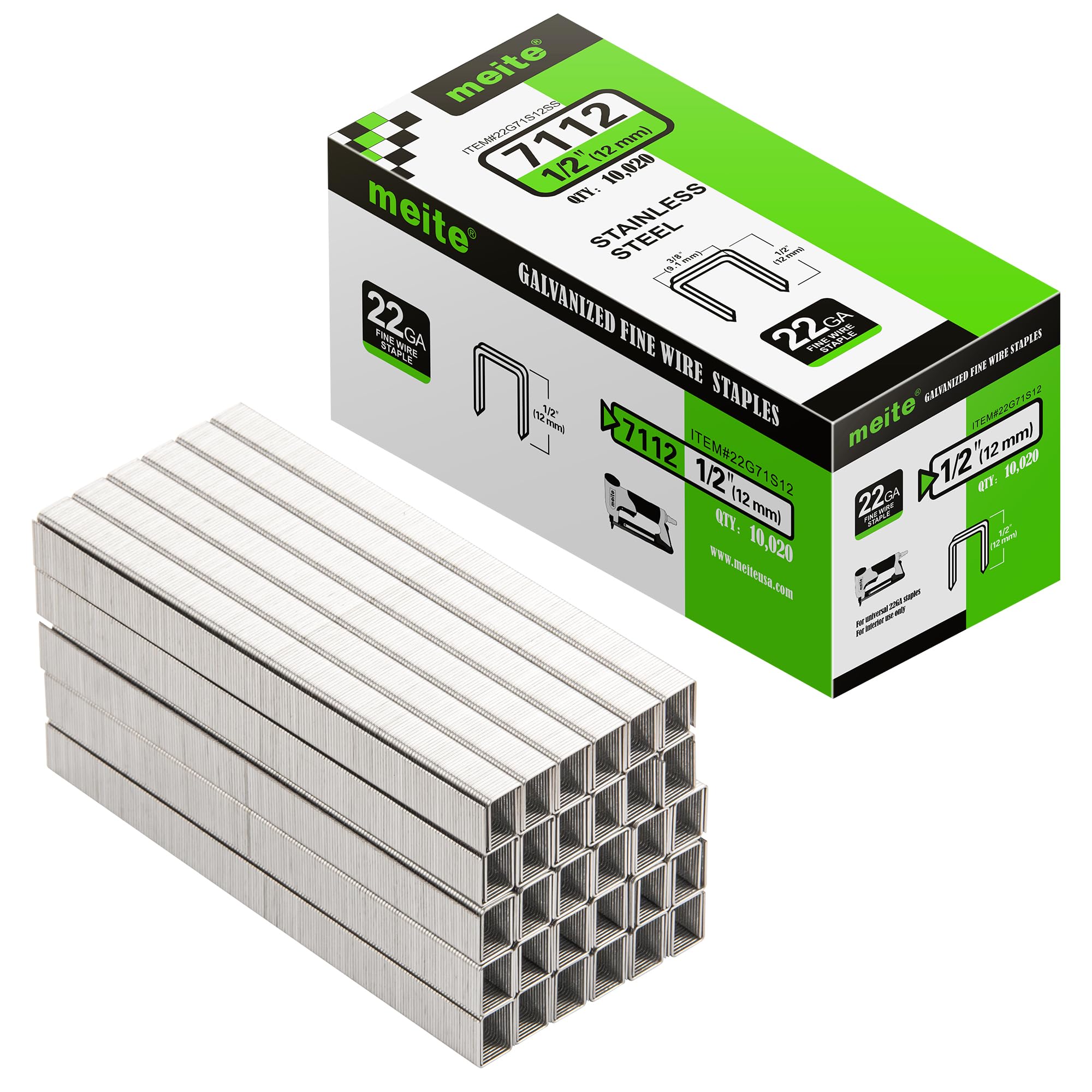 Meite MT7116 Drucklufttacker 71, mit 10020 Stk. Edelstahl 22Ga 12mm Tackerklammern Typ 71, Geeignet für 6-16 mm Klammern, 9 mm Krone, Industrieller Feiner Drahthefter