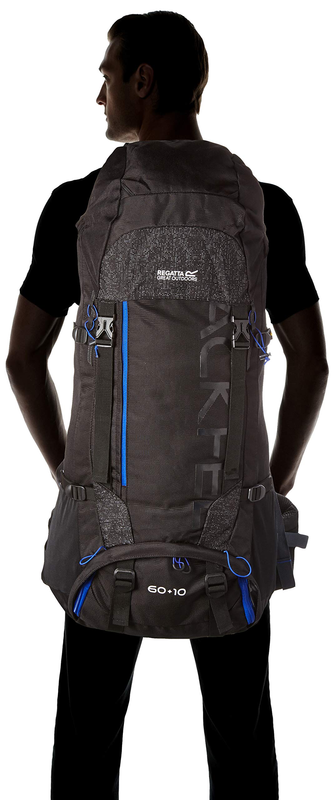 Regatta Unisex Blackfell 3 Expandable Reflective Hardwearing Travel Hiking Rucksack, Black/Surfspray, 60 + 10 Litre