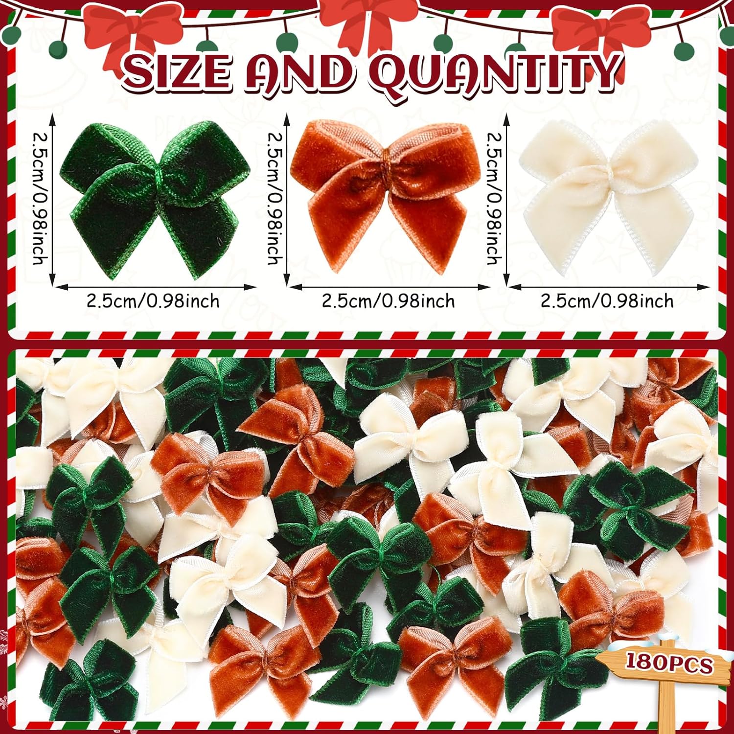 JUNEBRUSHS 180Pcs Christmas Mini Bows, Velvet Small Bow Xmas Green Beige Khaki Tiny Bows for DIY Crafts Gift Wrapping Hair Accessories Christmas Tree Decorations - Image 5