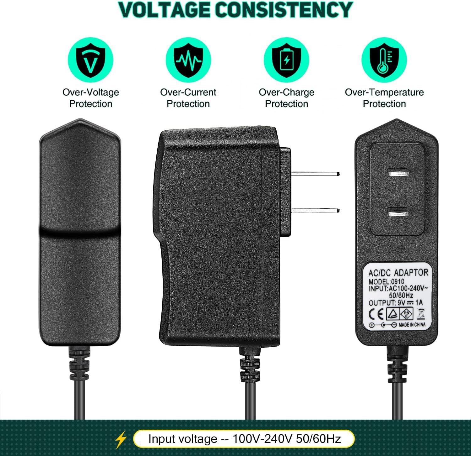 AZOR Guitar Effect Pedal Power Supply Adapter,AC DC 9V Power Cord Fit for 9V1A Guitar Effects Pedal,Keyboard Center Negative