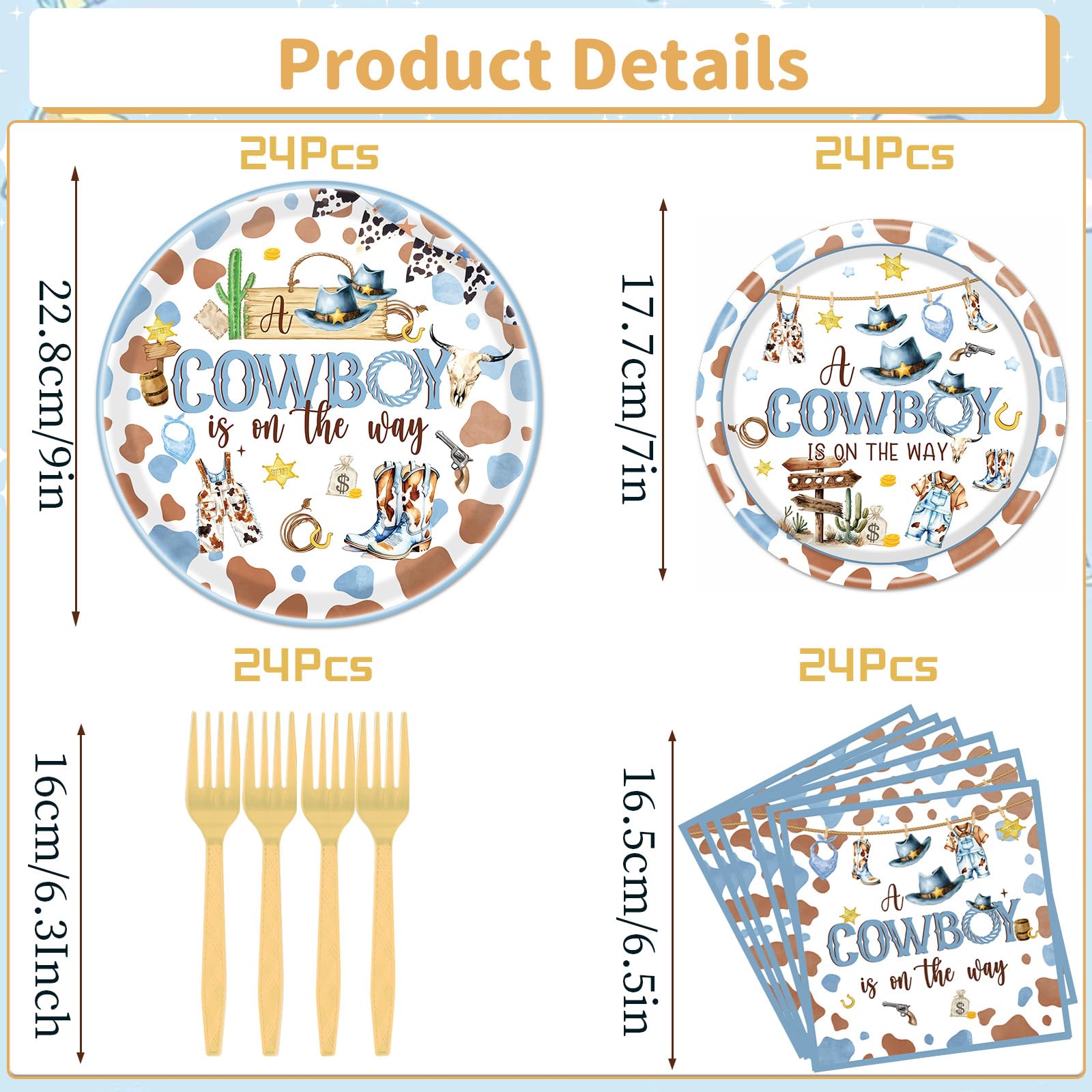 Refavor Cowboy Baby Shower Decorations Supplies, 96PCS Western Baby Shower Plates Napkins and Forks Set, A Little Boy Is on the Way Theme Disposable Tableware for Boys