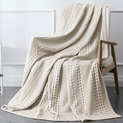 PHF 100% Cotton Waffle Weave Throw Blanket - Washed Soft Lightweight Blanket for All Season - Breathable and Skin-Friendly Blanket for Couch Bed Sofa 50"x60"- Natural/Linen