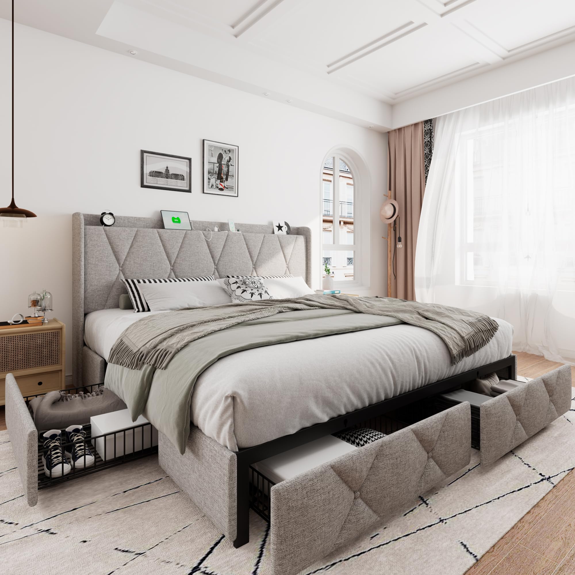 iPormis King Size Bed Frame with 4 Storage Drawers Upholstered Platform Bed Frame with Charging Station Modern Wingback