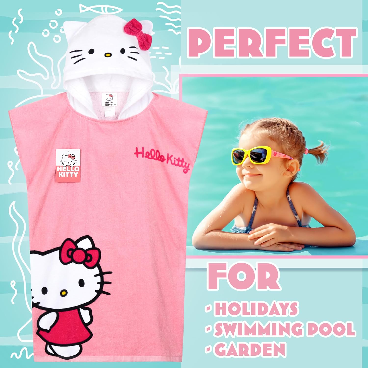 Hello Kitty Beach Towel with Hood for Girls Cinnamoroll Kuromi Kids Poncho Bath Towels Kawaii Beach Accessories Travel Essentials Girls Gifts (Pink Poncho Hello Kitty, 10-14 Years)
