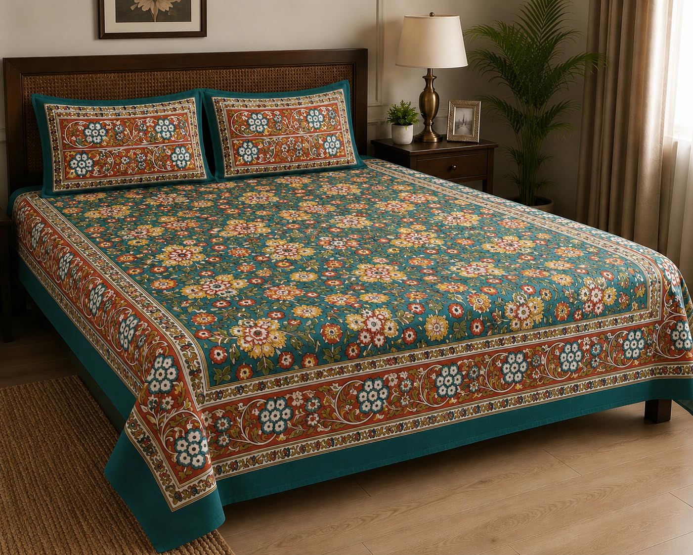Shubham Handloom Royal Heritage King Size Bedspread, Teal Floral | 100% Cotton, 220 TC, 108 x 108 Inches, 2 Pillow Covers Included, Fade Resistant Colours, Machine Washable-image-7