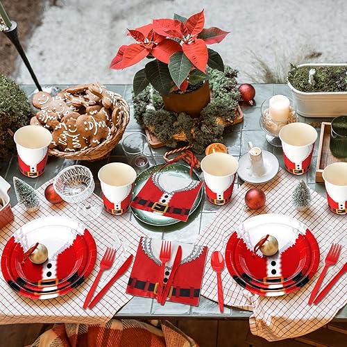Miniatura 4 de Juego de 175 platos y servilletas de papel de Navidad desechables de Papá Noel para 25 vasos de papel de Navidad con cuchillo, tenedor, cuchara,