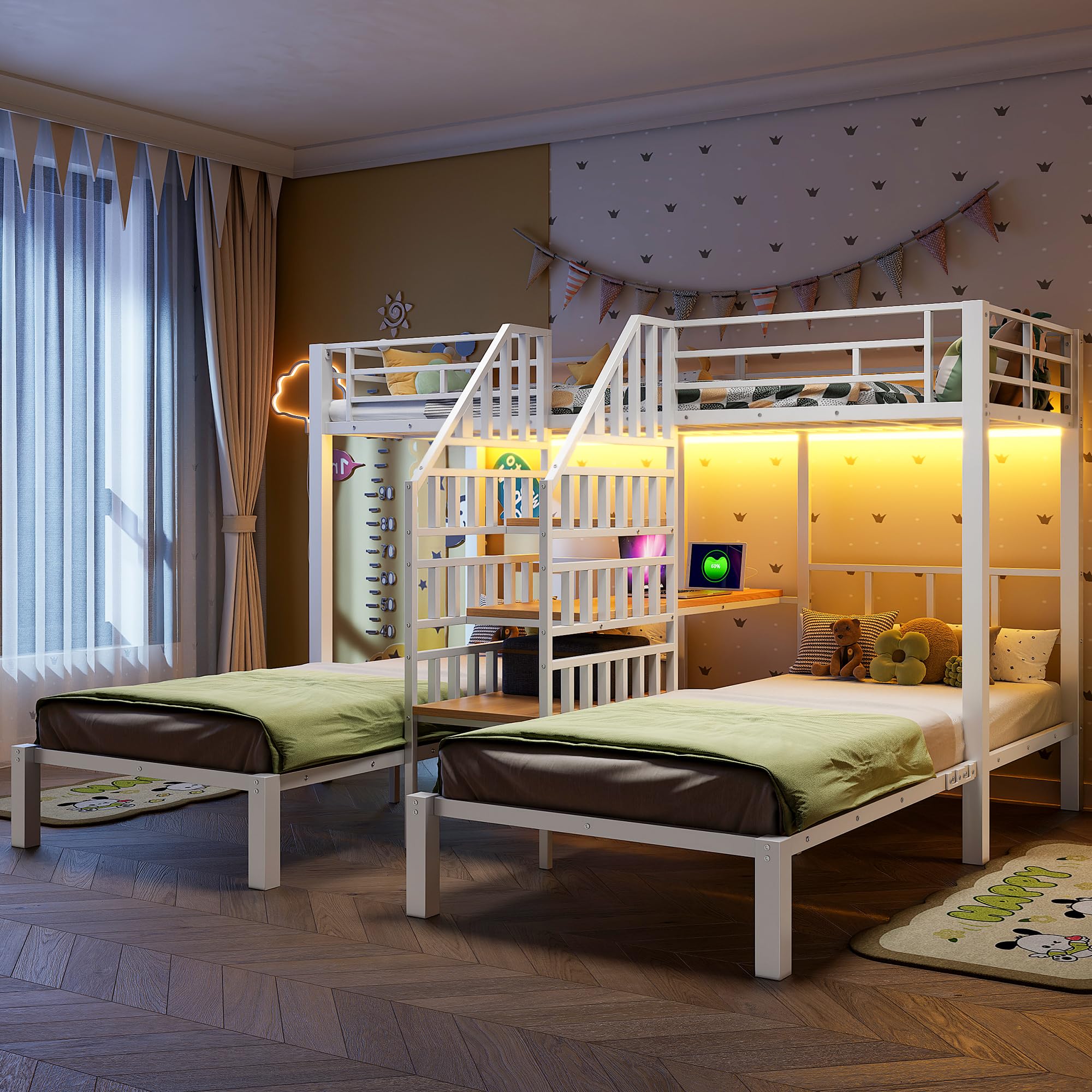 Soweiz Letto a castello 90 x 200 cm, 3 letti, con striscia luminosa a LED, scala integrata con vano portaoggetti, 2 porte USB + 1 presa con scrivania, senza materasso (bianco)