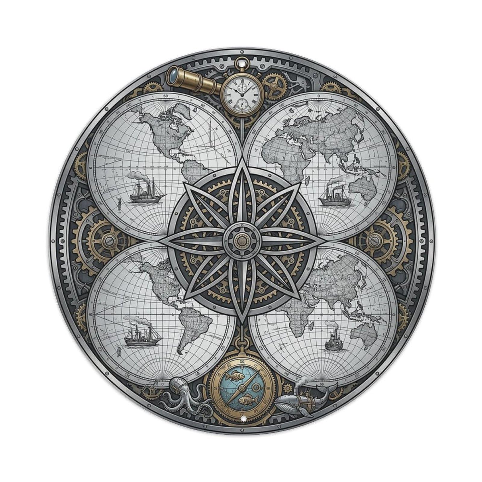 Vintage Nautical Compass World Map Traveler Chronicle Metal Tin Sign