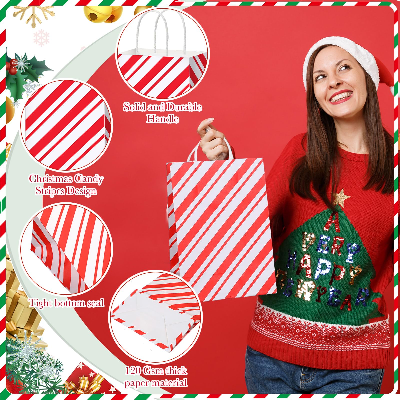Mooliwe 100 bolsas de regalo de Navidad a granel, bolsas de regalo a rayas rojas y blancas con asa, bolsas de regalo de Navidad, bolsas de regalo a rayas rojas y verdes para suministros de fiesta de
