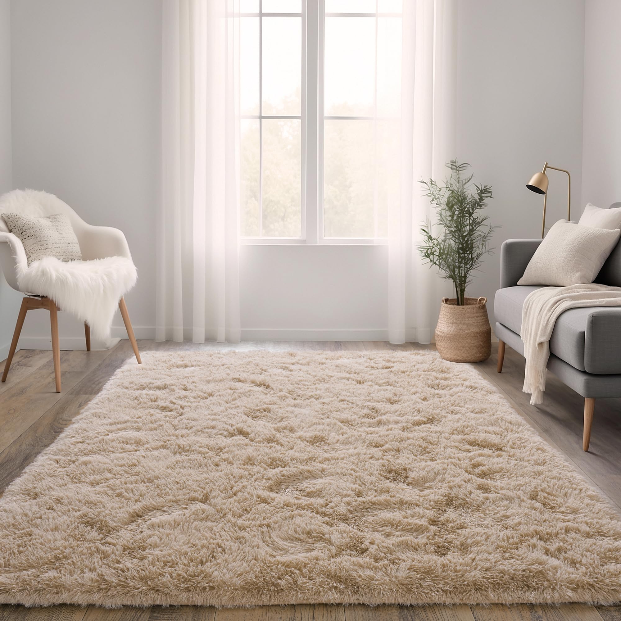 Beige Fluffy Rug for Bedroom 4x5.9 ft - Ultra Soft & Non Slip Shaggy Area Rug, Comfy Durable Carpet for Living Room Kids Room Teens Dorm Home Decor, 1.7'' Thick Indoor Plush Carpets