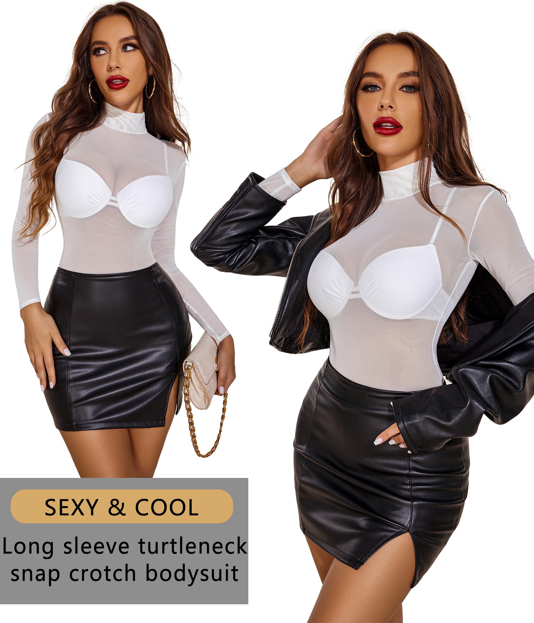 Avidlove Long Sleeve Bodysuit for Women Turtleneck Sheer Mesh Bodysuit Geo Print Leotards: X-Large White02