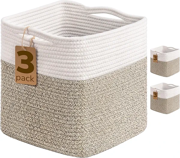 INDRESSME 11x11 Cube Storage Bins, 3-Pack Rope Woven Baskets for Organizing Storage Baskets for Shelves Gift Organization Empty Square Toy Bins for Classroom, Nursery Closet, White & Brown