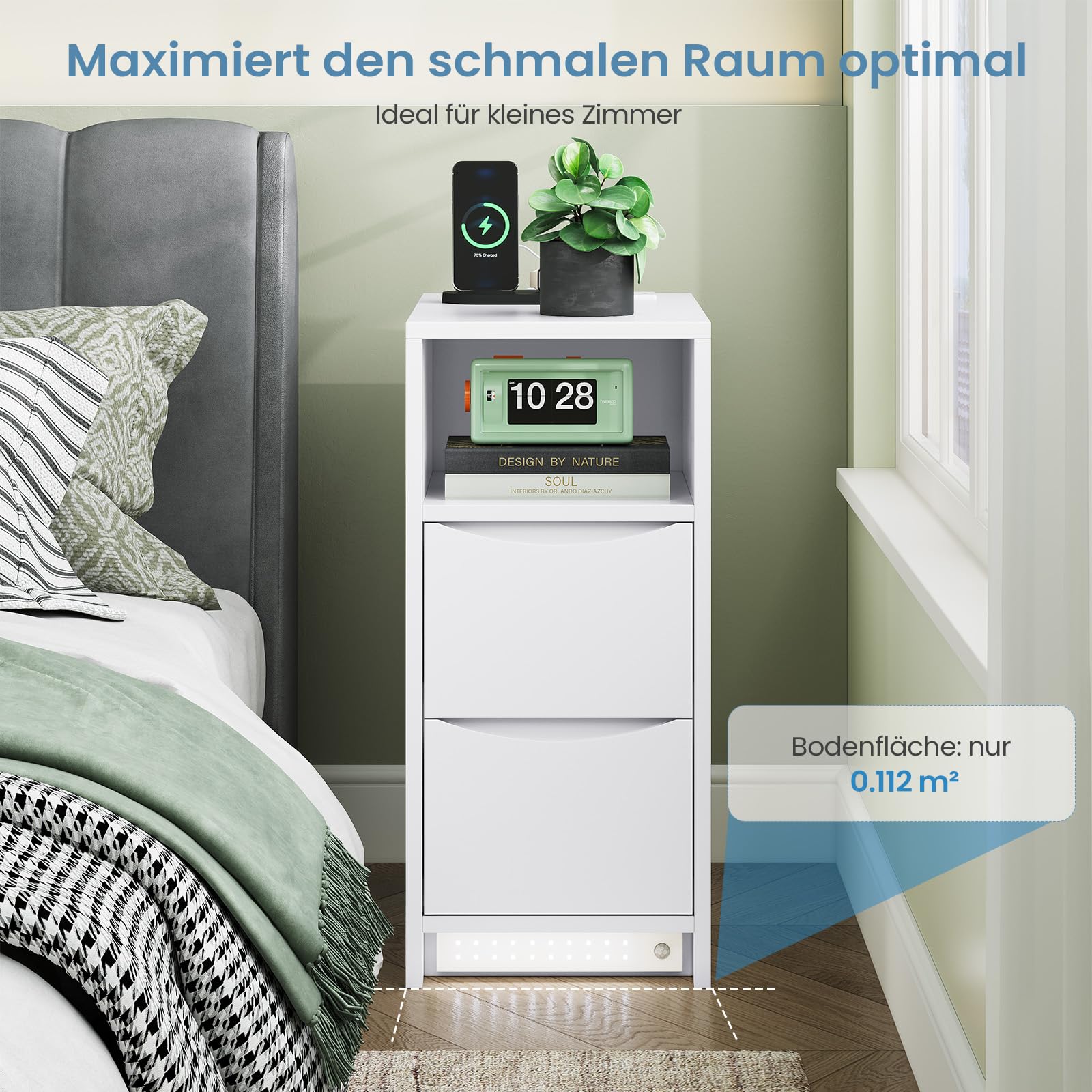 Brinlawb Nachttisch Schmal mit Ladefunktion und LED-Beleuchtung, Nachtschrank mit 3 offenen Fächern, 2 Schubladen Beistelltisch Schmal Sofatisch für Wohnzimmer, Schlafzimmer, Perfekt für kleine Ecke