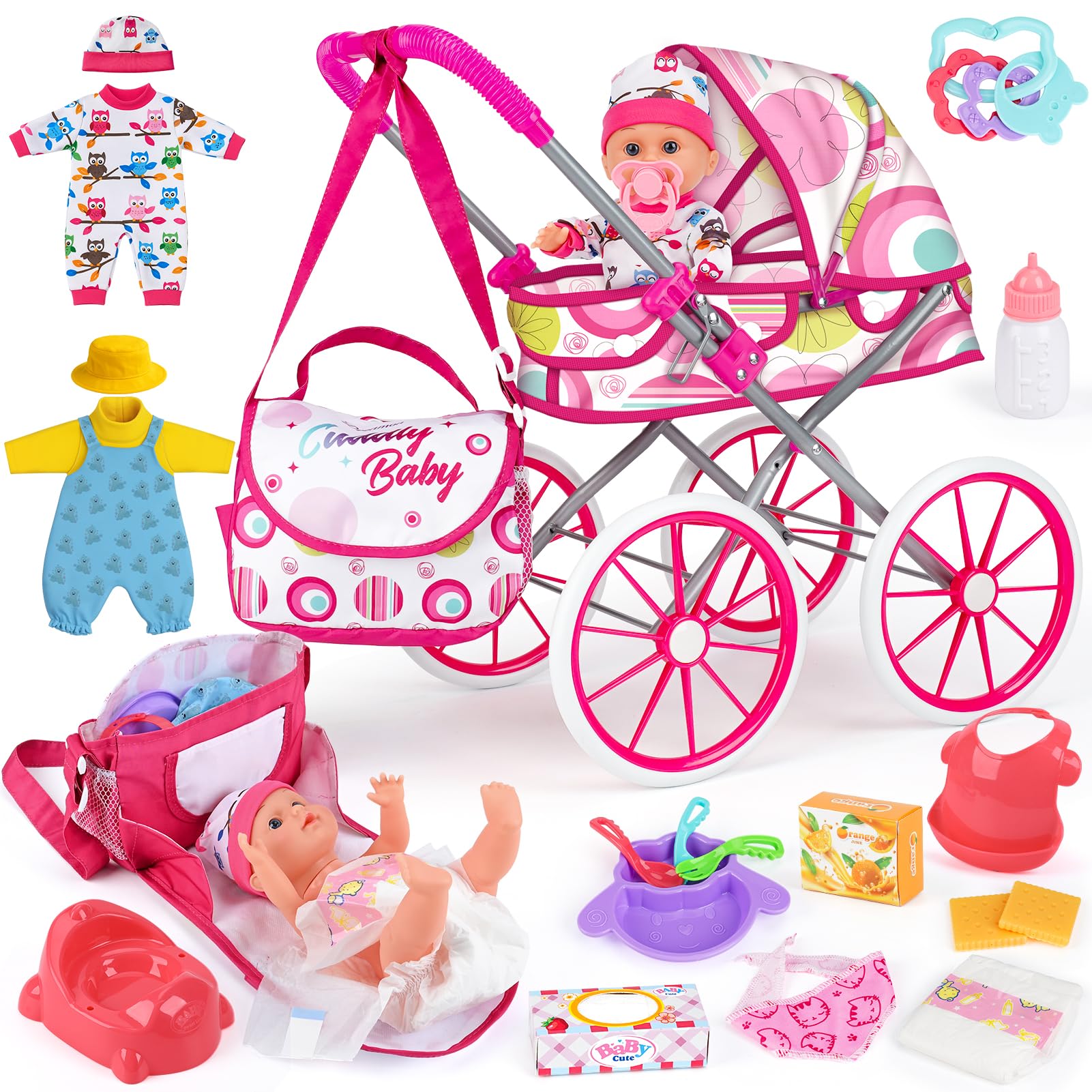Dreamon Doll Stroller Set Toys for Girls 3-5, Doll Playset with 12.5 Inch Doll