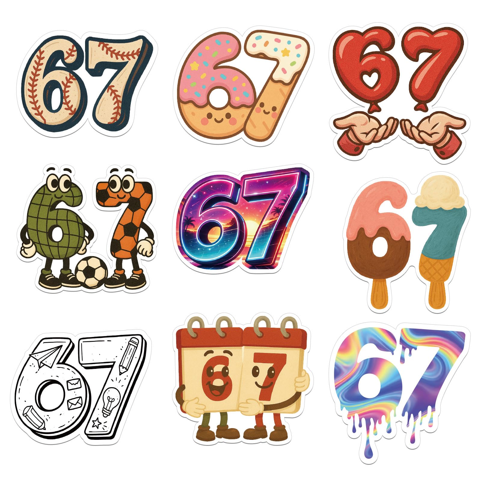 9pcs 67 Fridge Magnets Toys, 7 Styles Magnetic Waterproof 6 7 Refrigerator Magnets Funny Number Decoration with Donut Ice-Cream Designs for Laptop & Water Bottle