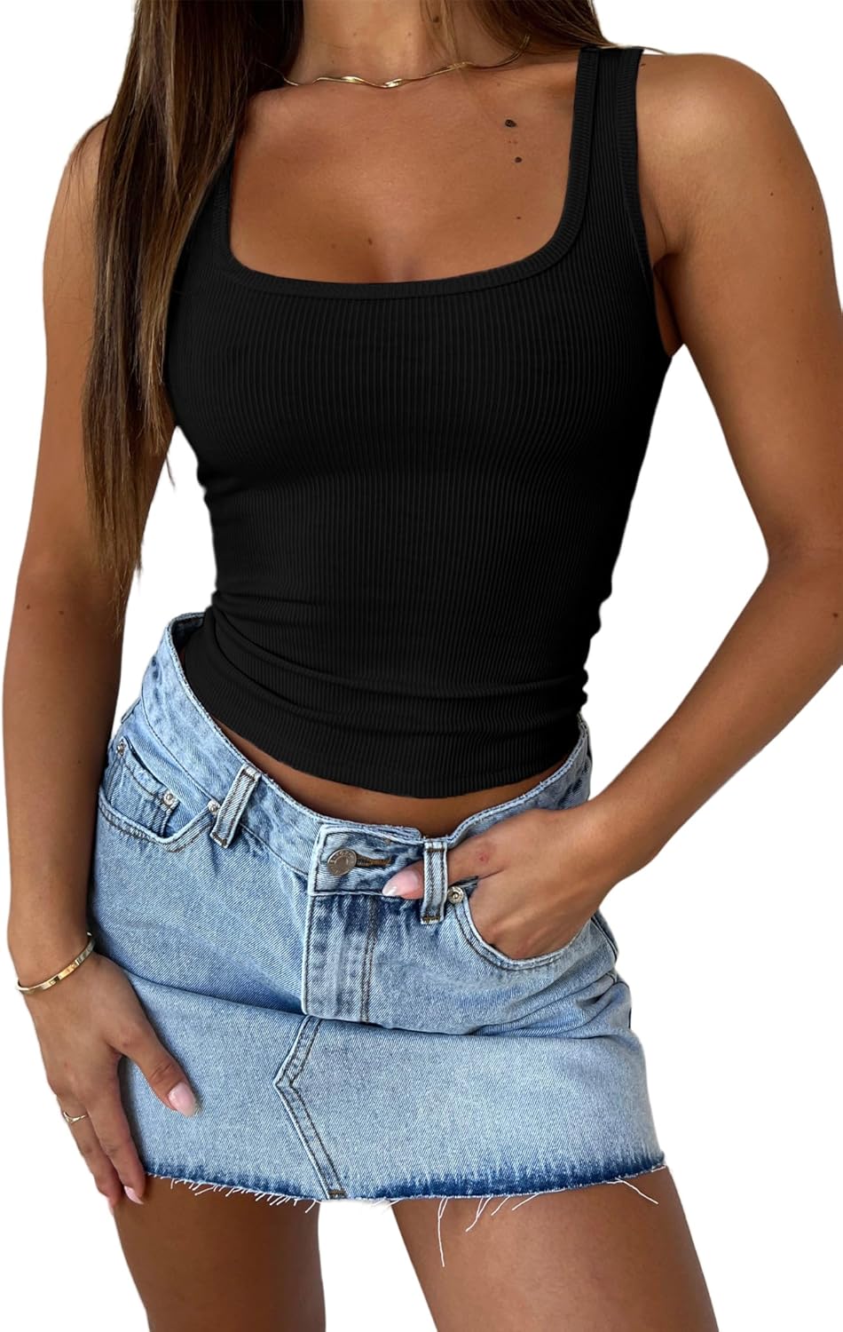 YFANG Women's Sexy Square Neck Sleeveless Basic Ribbed Knit Slim Fitted Going Out Crop Tank Top Black Medium - Image 4