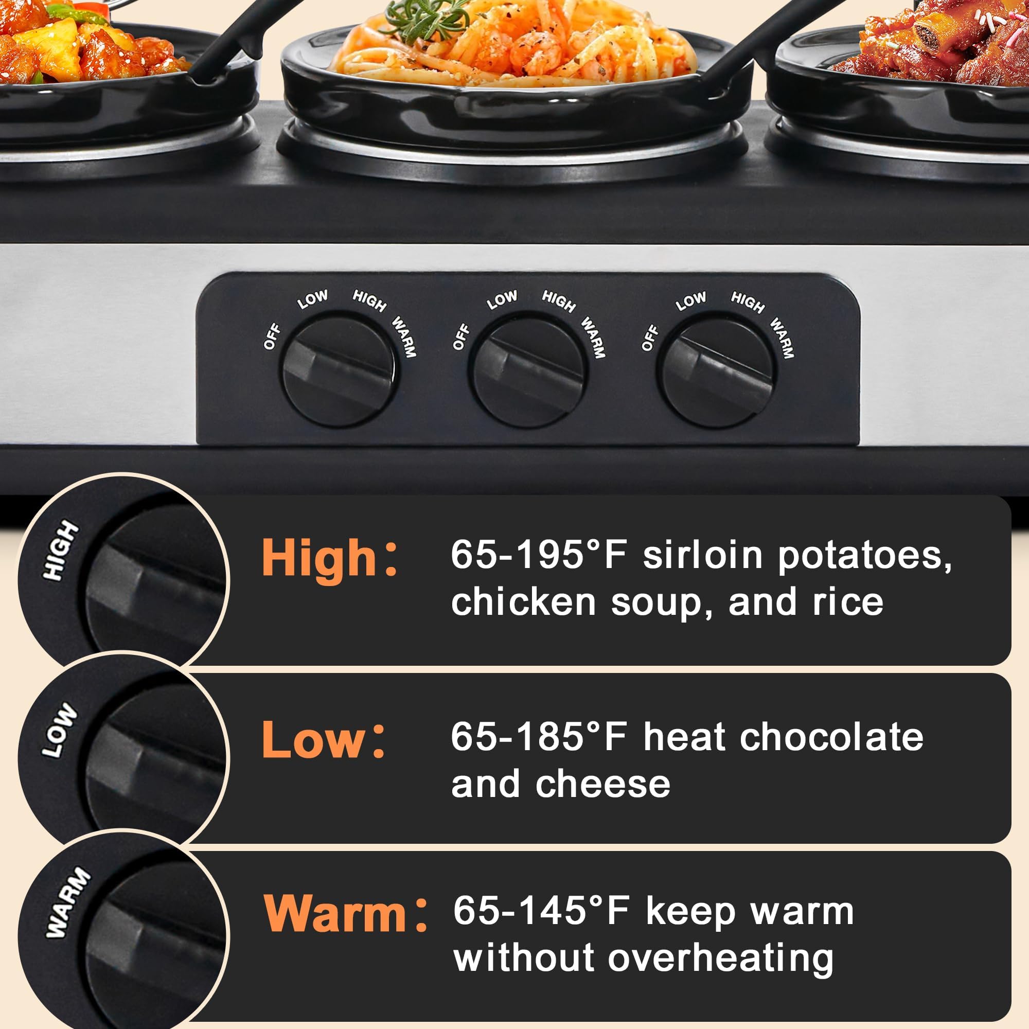 Kiss the Water Triple Slow Cooker, 3 * 1.5 QT Slow Cooker with 3 Cooking Settings, Buffet Servers and Warmers with Ceramic Pot, Dishwasher Safe, Removeable Glass Lid and 3 PVC Spoons, Stainless Steel