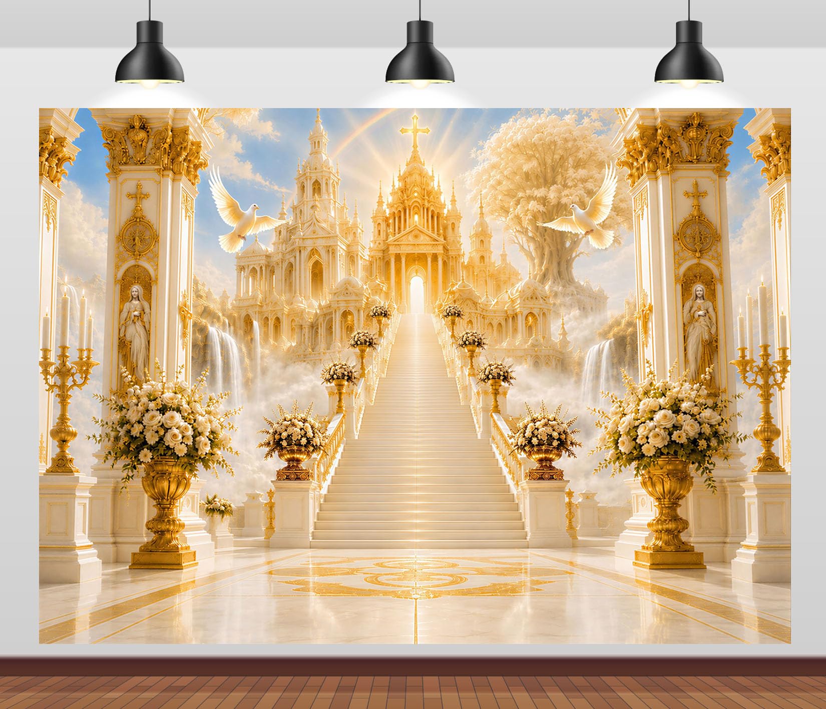 10x8FT (3x2.5m) Palazzo Celeste Dorato Sfondo Fotografico | Santuario Divino Fondale In Tessuto Resistente,Colonne Dorate E Colombe Bianche,Feste Cristiane,Personalizzabile,Photo Booth