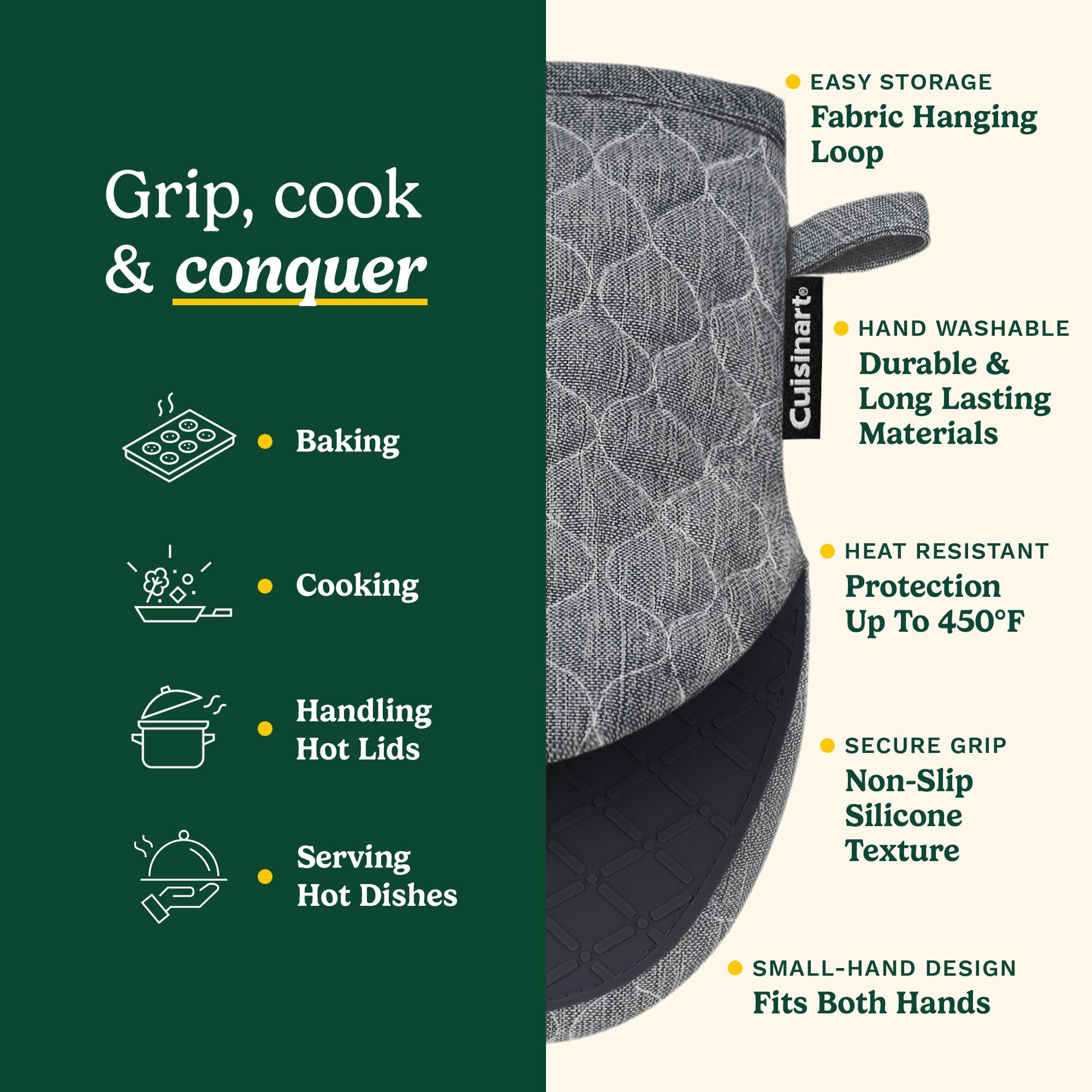 Cuisinart ShieldPro - Manoplas de Horno de Silicona – 5 x 8.5 Pulgadas, Resistentes al Calor, Mini Guantes de Cocina para Horno con Palma Antideslizante 100% Silicona, Relleno de algodón y Lazo para