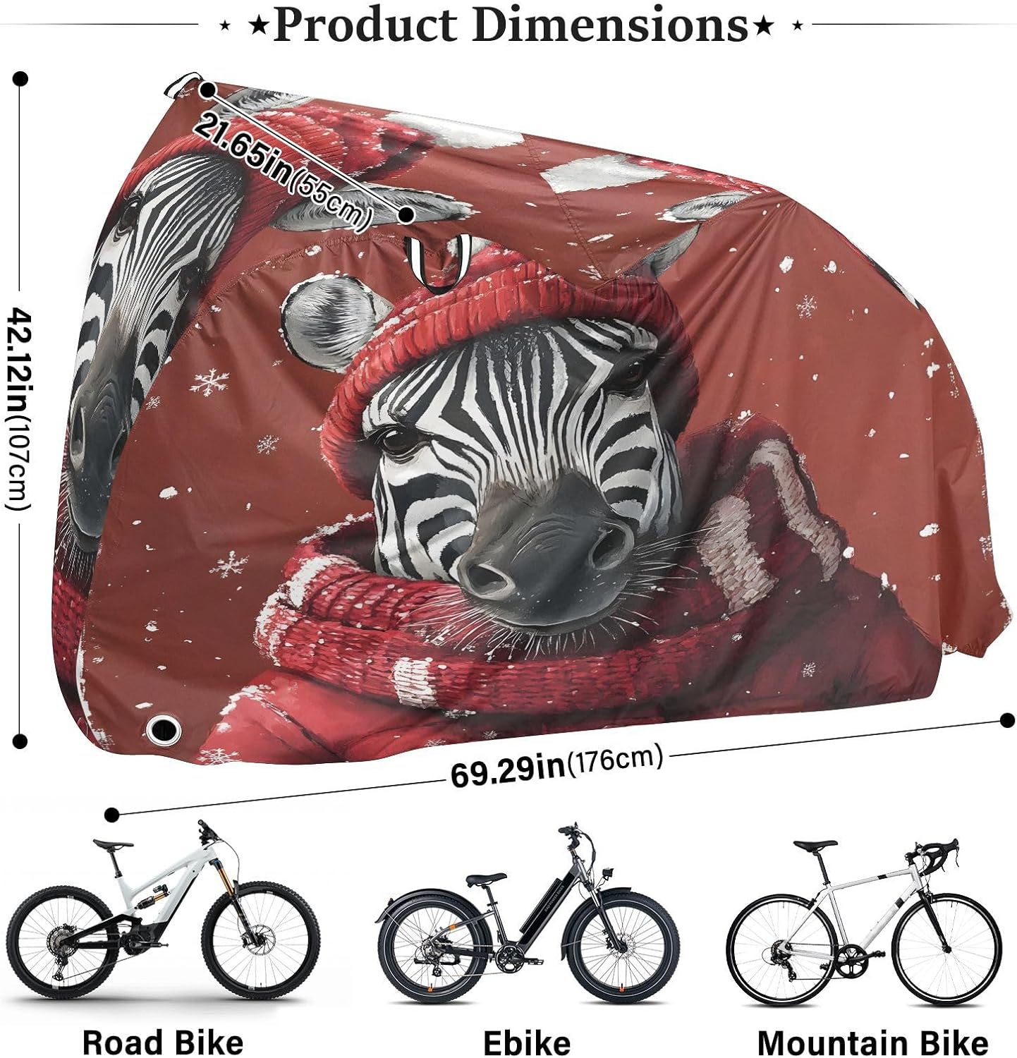 ALAZA Christmas Zebra Bike Cover Waterproof Outdoor Ebike Bicycle Covers Tarp Protection for 1/2 Bikes, Sun UV Dust Wind Proof