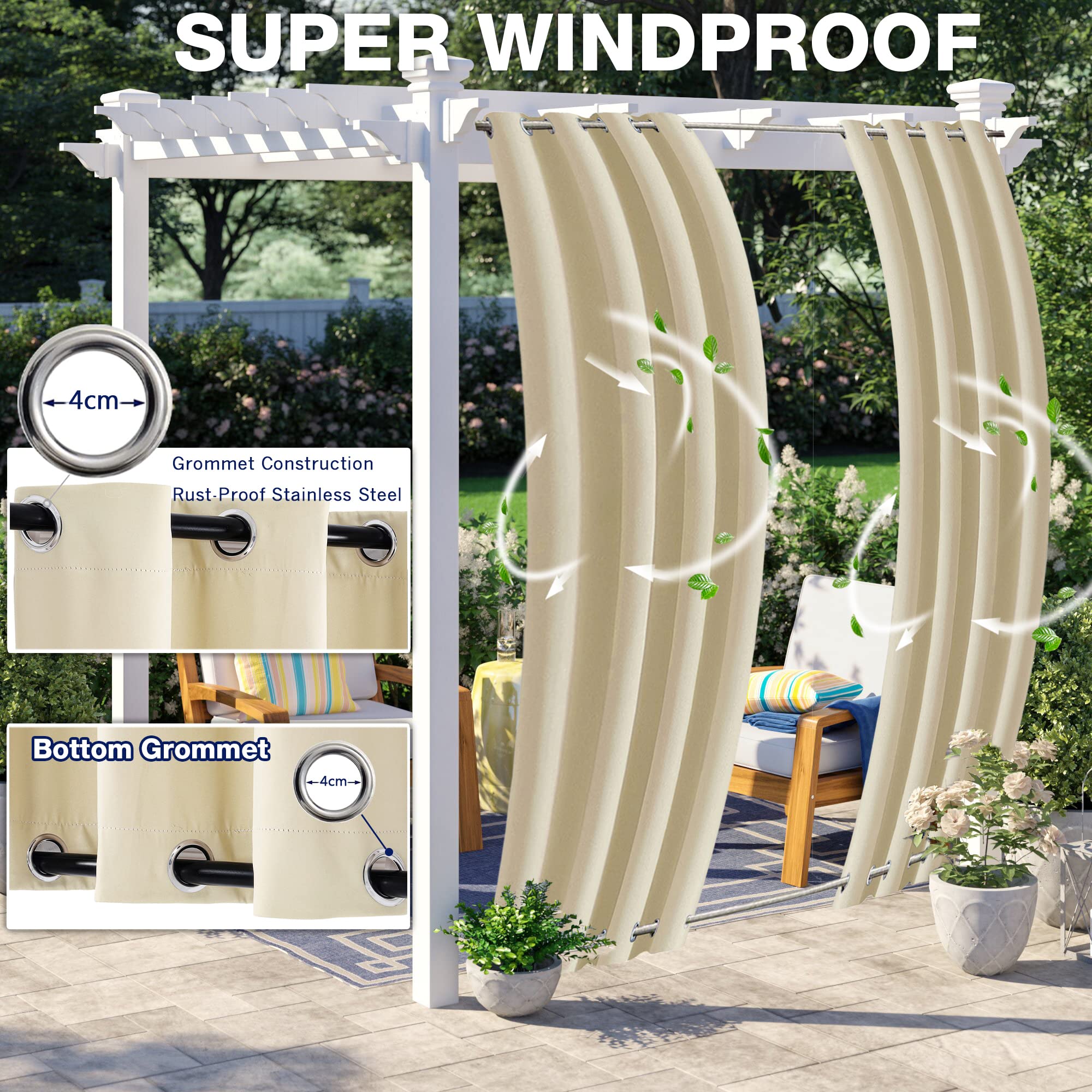 Aiyaoo Outdoor Vorhang Breit 295x215cm BxH (1 Stück), UV Schutz Wasserabweisend Blickdicht für Pavilion Balkon Garten Patio- Beige