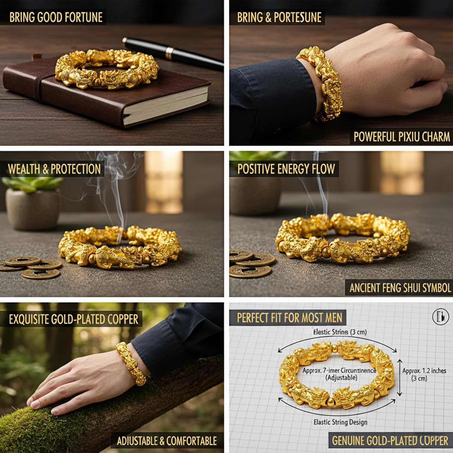 24K Gold Plated Feng Shui Pixiu Bracelet for Men Women Wealth Prosperity Lucky Amulet Adjustable Elastic Bracelet - Image 7