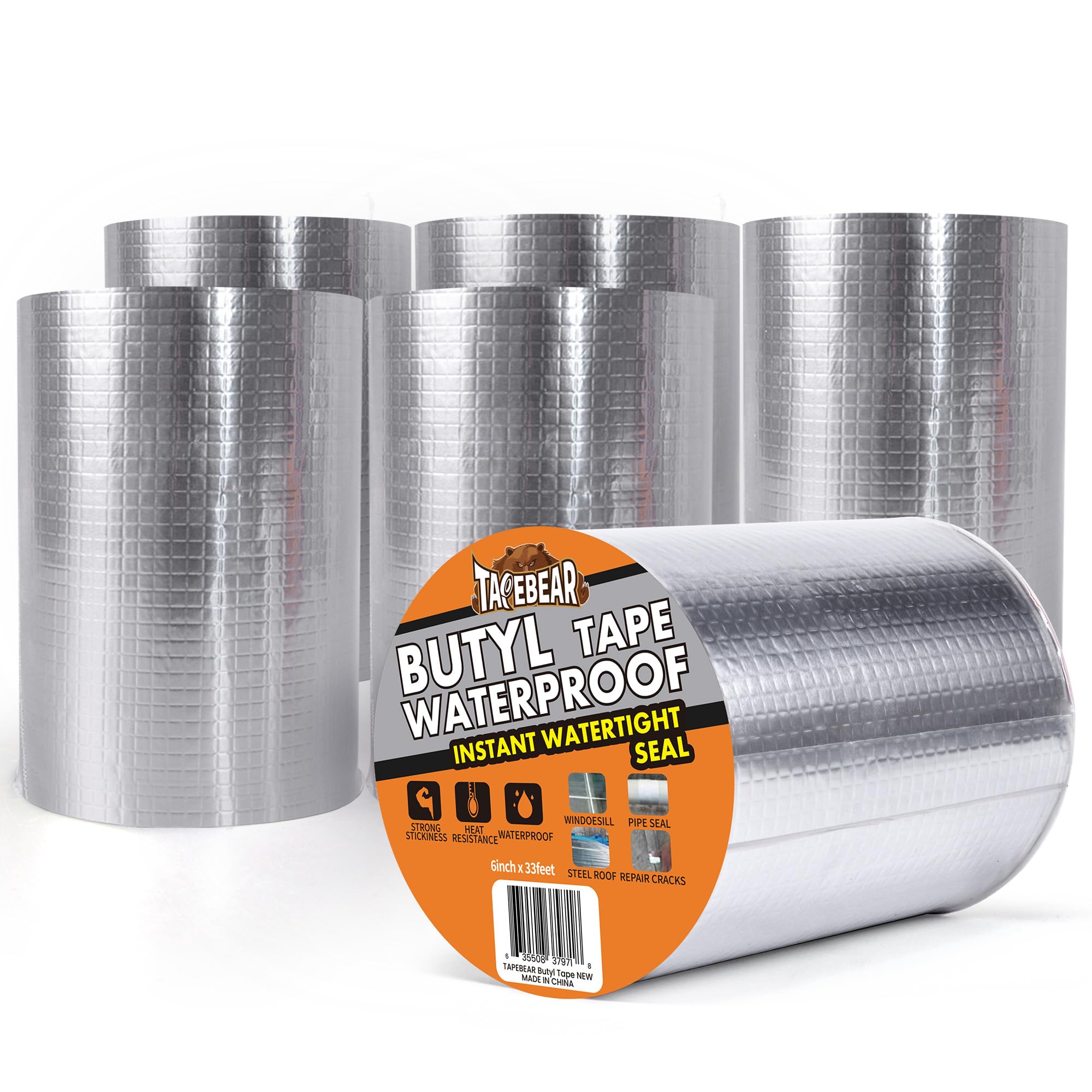 TAPEBEAR 6Rolls 150mm x 10m Butyl Tape Waterproof Sealant Tape, Aluminum Foil Duct Sealing Tape for RV Roof Repair, Boat and Pipe Sealing, Silicone, Glass & EDPM Roof Leak Patching, Silver B0CWTSTGWV โ image 1