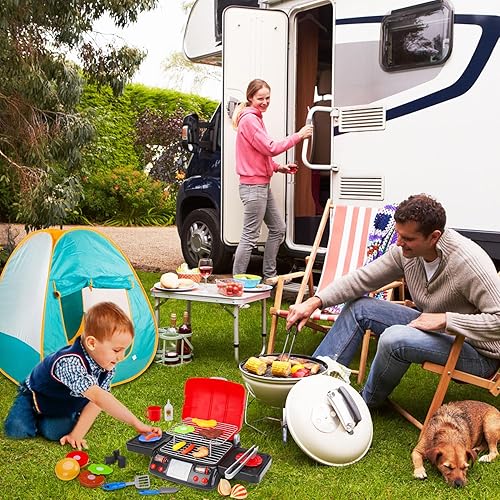 Miniatura 8 de Juego de parrilla para niños, juguetes de cocina con sombrero de delantal para cocinar alimentos, luz de humo, accesorios de juego de simulación al