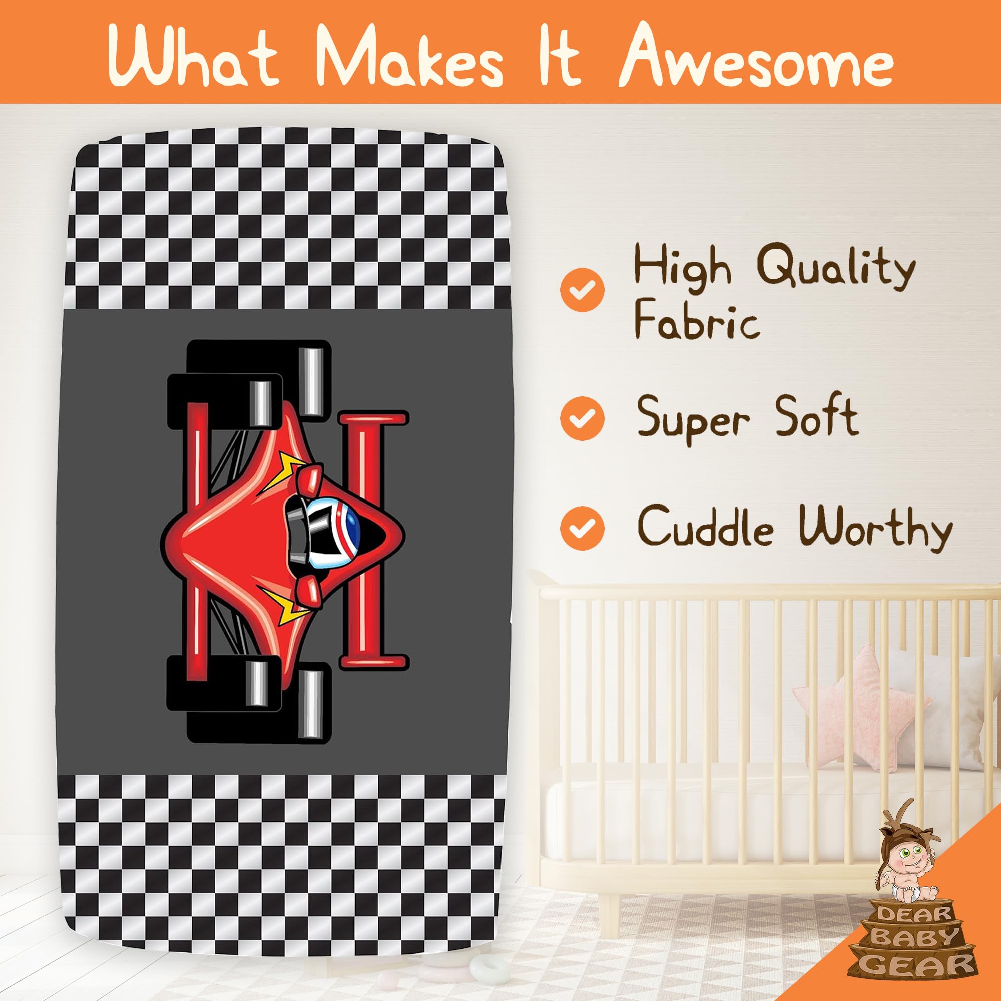 Dear Baby Gear Sábana de lujo para cuna de bebé, sábanas de algodón y poliéster, funda de colchón suave lavable a máquina, sábana de bebé recién nacido, conductor de coche de carreras, a cuadros, 52 x