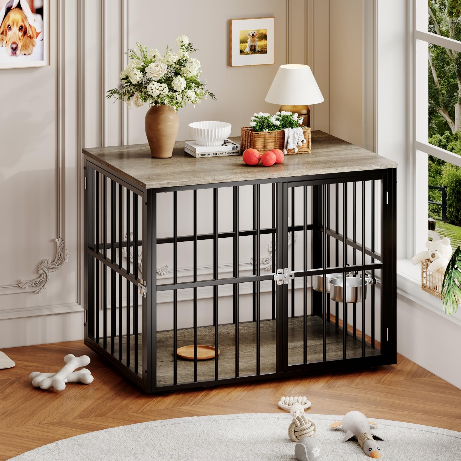 43'' Heavy Duty Dog Crate Furniture with 2 Doors and Adjustable Bowls for Medium Large Dogs, Wooden Dog Cage Kennel Indoor Pet Cage House & Side End Table, Easy Assembly