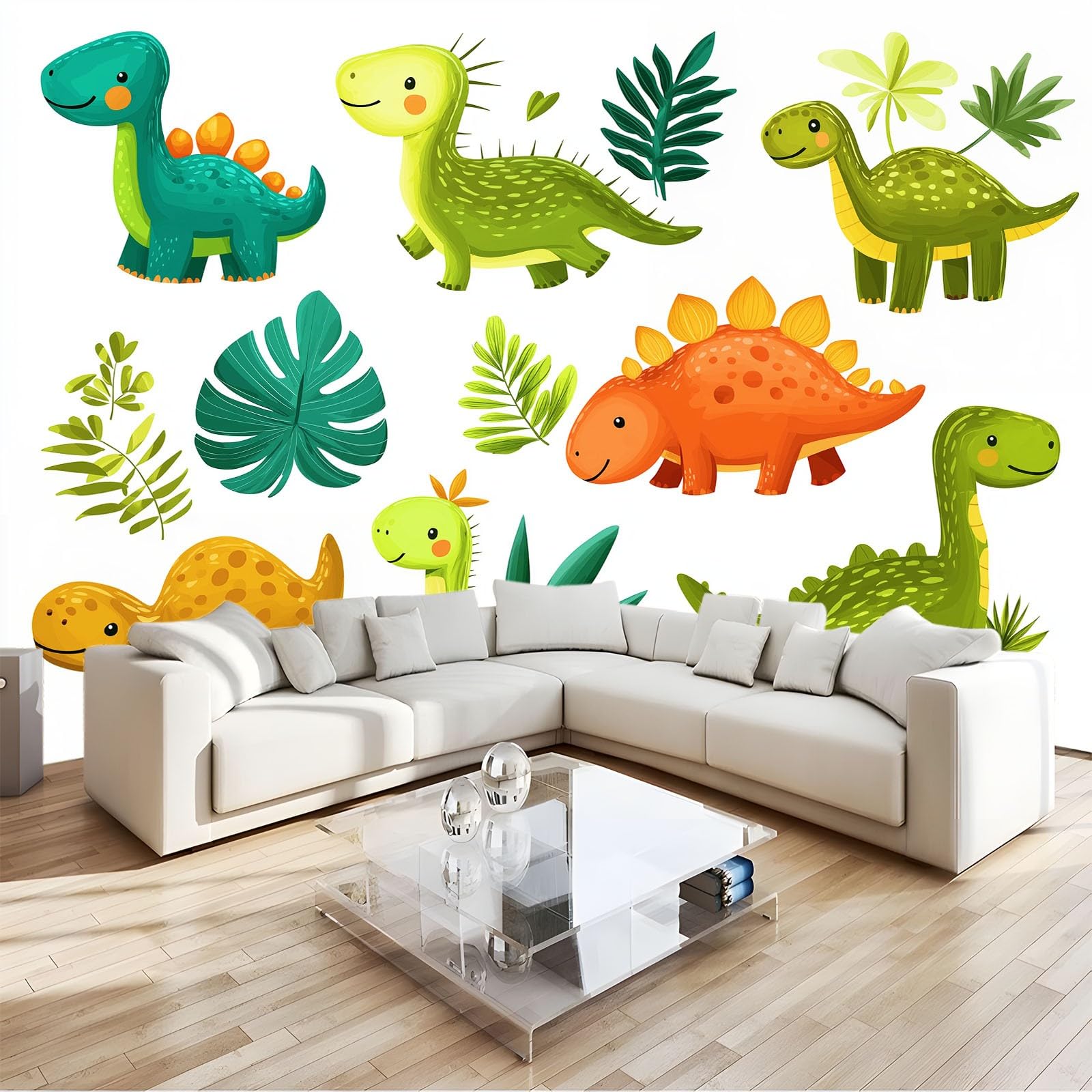 Générique Panoramiczna tapeta z kreskówek dinozaur zwierzę rośliny liście, czysta biel, tapeta z włókniny 3D, do pokoju dziecięcego i salonu, dekoracja ścienna XXL 200 x 140 cm