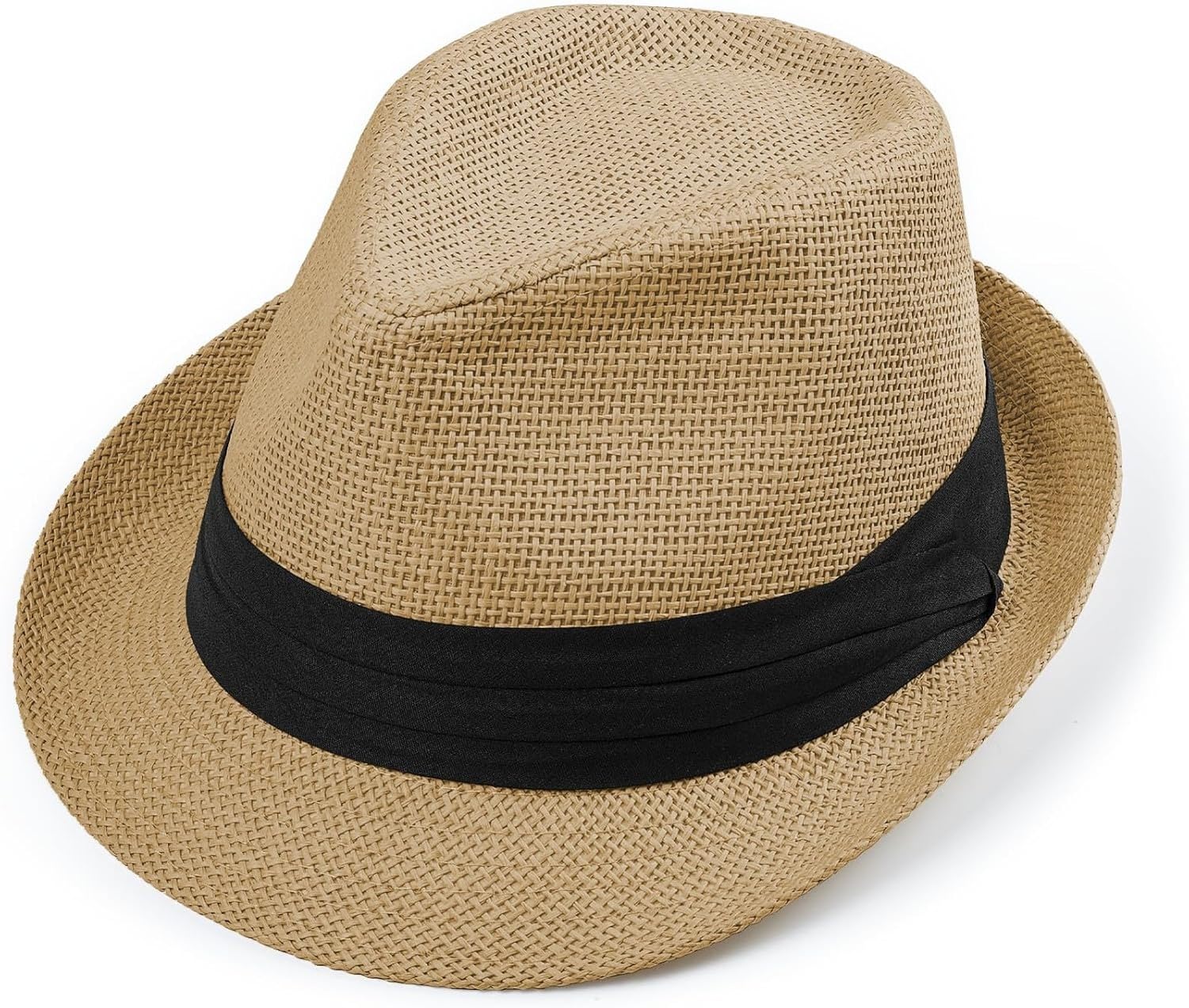 XIUNYIE Straw Trilby Fedora Hat for Men Women 1920s Panama Hat Short Brim Summer Beach Sun Hat, Khaki, L