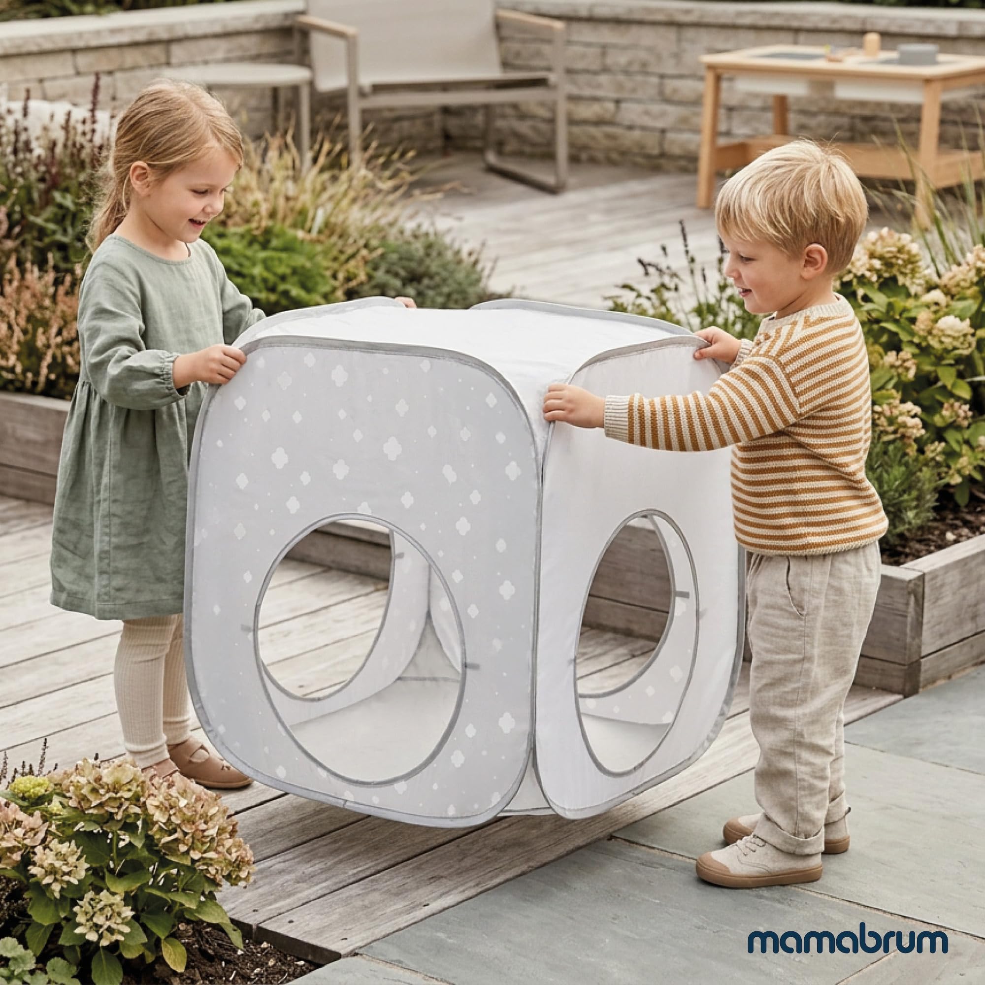 mamabrum 3-in-1 Spielzelt Set für Kinder, Dreieckszelt mit Tunnel und Spielwürfel, Polyester, Grau mit weißem Muster, 80 × 80 × 86 cm, ab 36 Monaten, Indoor