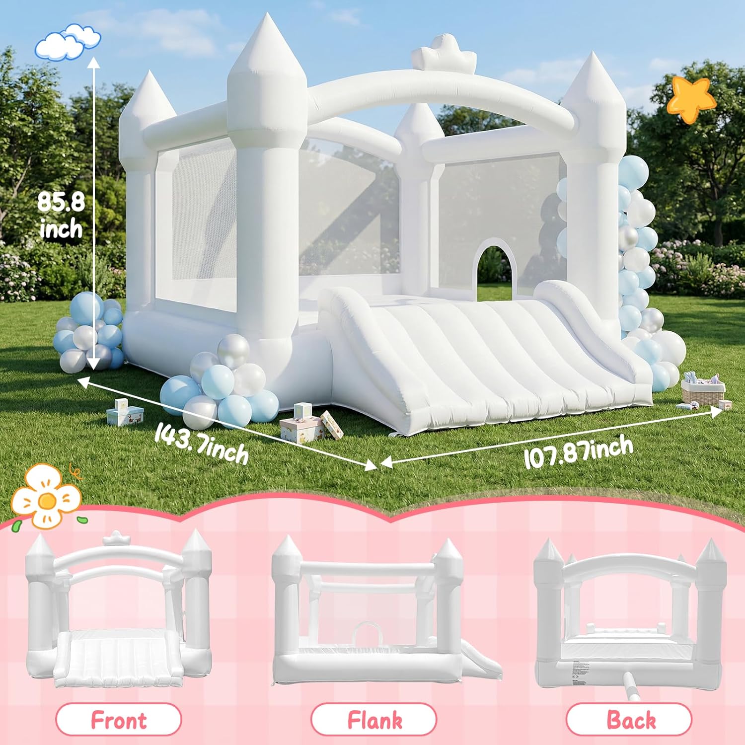 fbsport inflatable white bounce house for kids,large inflatable bouncy castle with wide slide, blower & basketball hoop for indoor/outdoor jump house