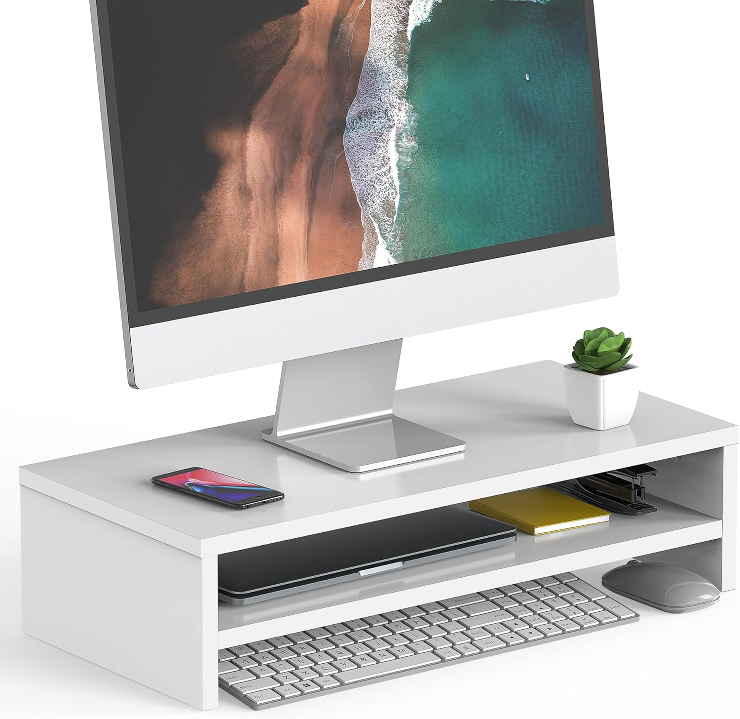 FITUEYES Monitor Stand - 2 Tier Computer Monitor Riser with 21.3 Inch Shelf, Wood Desktop Stand for Laptop Computer Screen, Desk Organization, Office Supplies White 21.3“