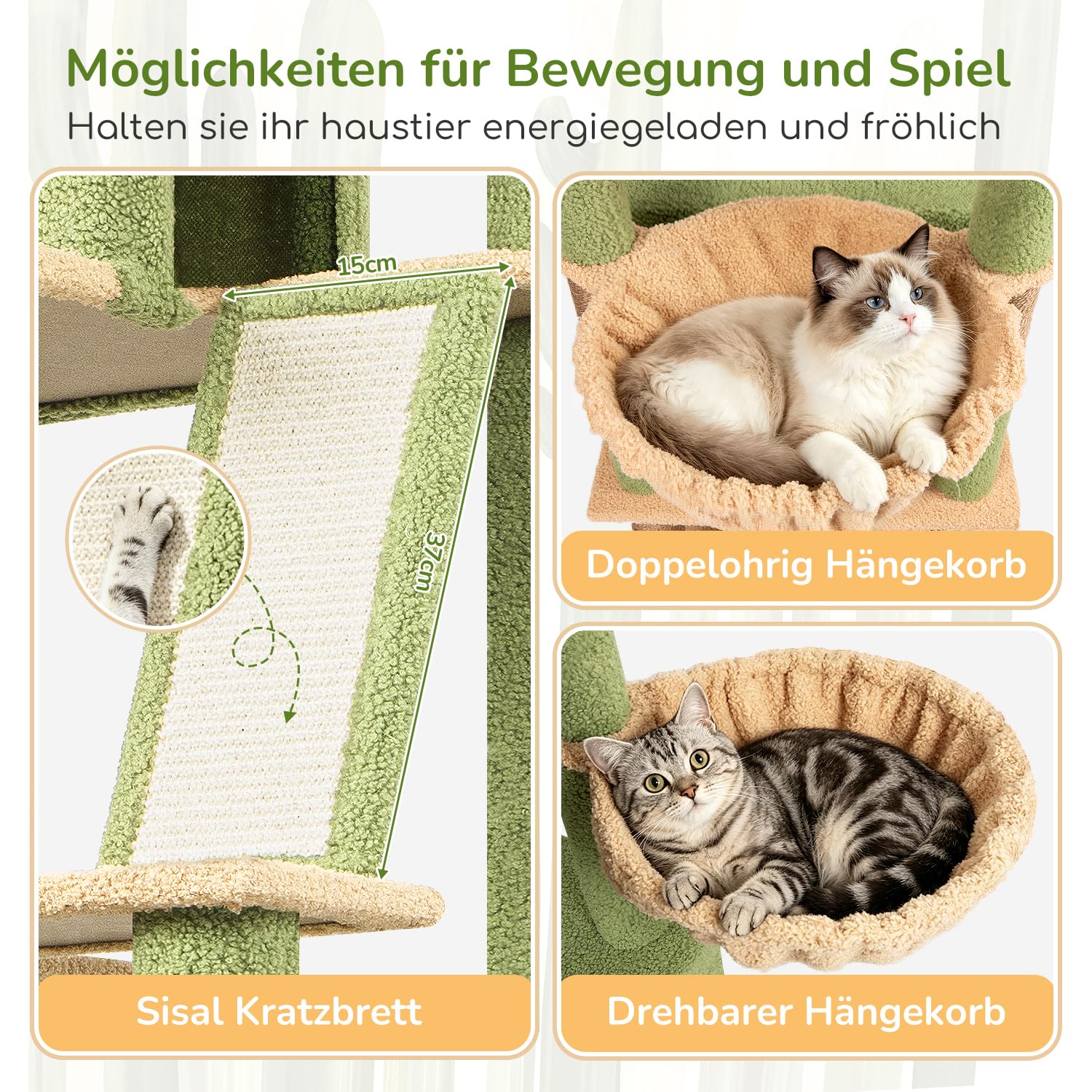 Globlazer Kratzbaum Kaktus Grün Große XXL 204 cm mit 2 Extragroße Gepolsterte Plattform 50*30CM, 2 Große Katzenhäuse, 3 Korb, Sisal Kratzbrett, Stabil Katzenbaum für 3-5 Groß Katzen Innen (S80G, Grün)