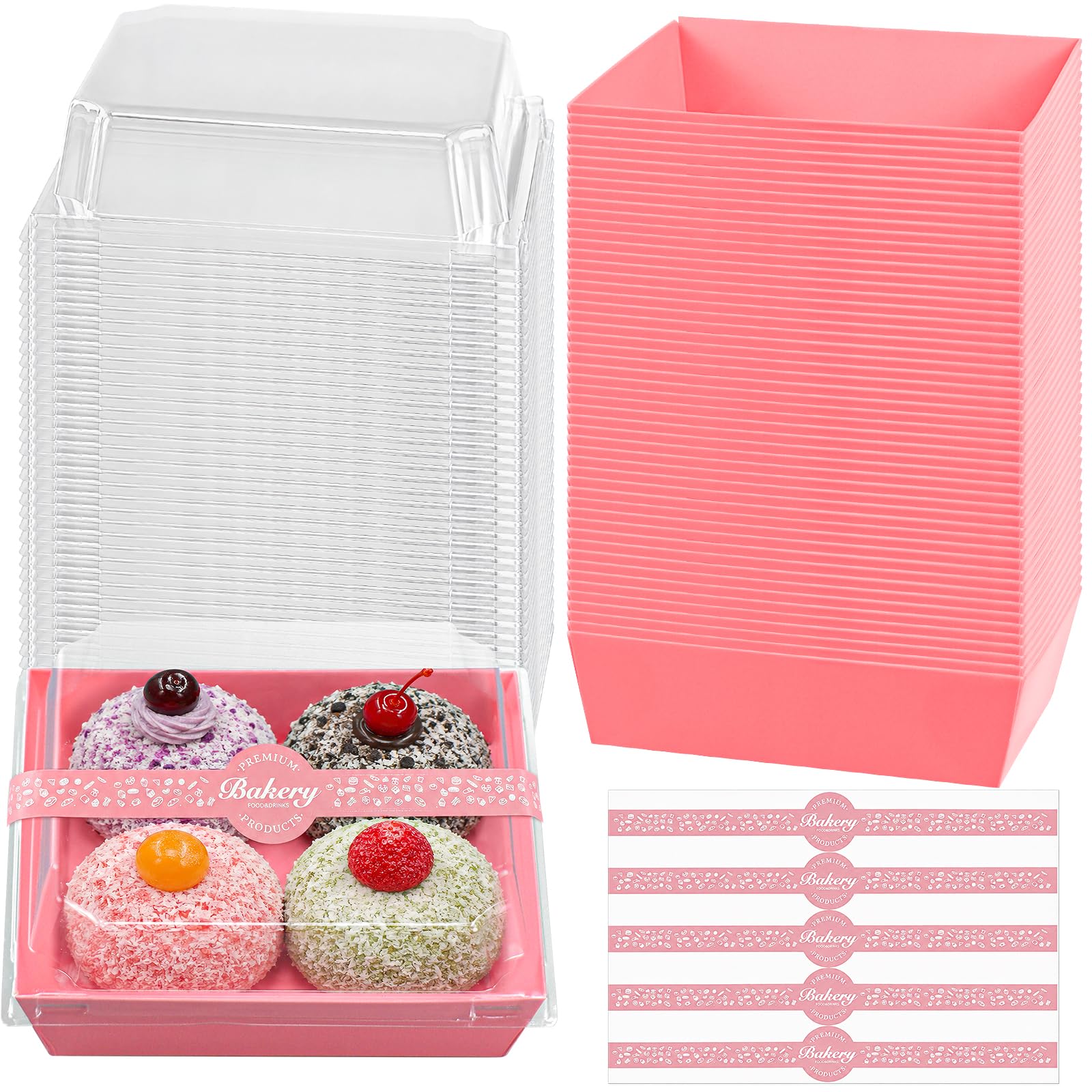 DHNDO 100 Pack Charcuterie Boxes with Clear Lids, Oil Proof Paper Cake Box Bulk Disposable Square Bakery Treat Containers with Stickers for Cake Slice Sandwich Cookie, 13.5 x 12.5 x 6.5 cm (Pink)
