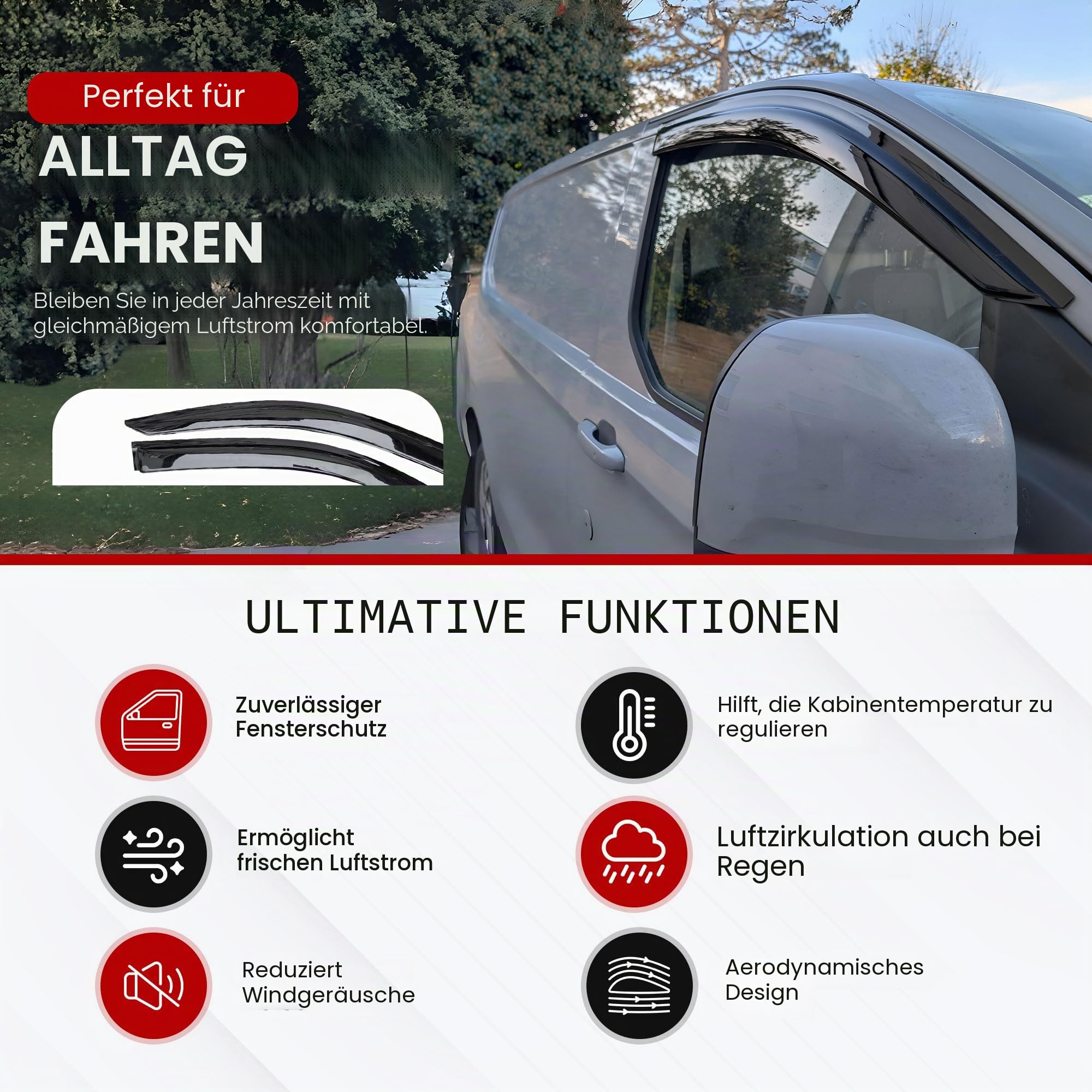 Passend für: Ford Transit Custom 2023+ Windabweiser & VW Transporter T7 (2025+) Scheibenabweiser – 2-teiliges externes Set, getönt, Premium-Aufklebe-Windabweiser für Fahrer und Beifahrer, Reduzierung