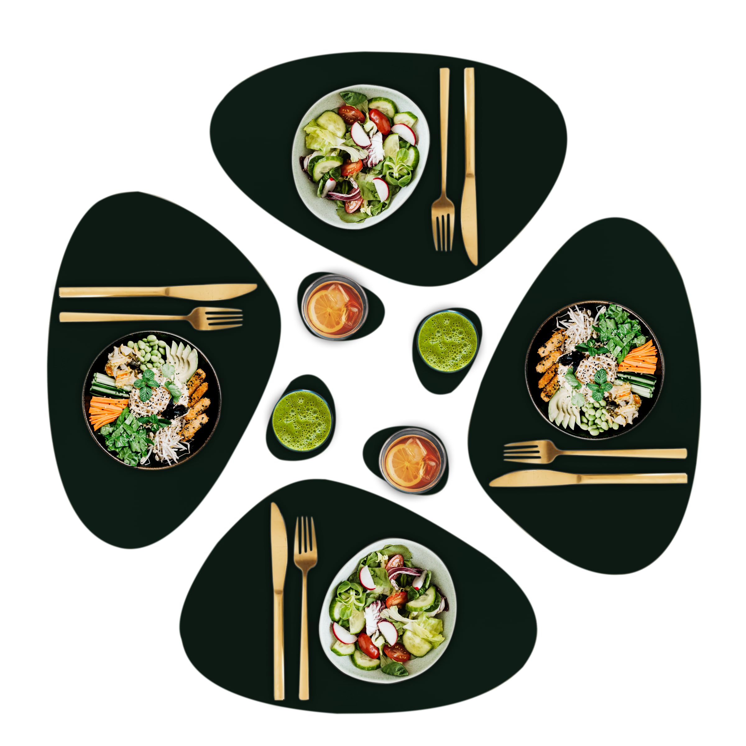 CaSail Faux Leather Placemats and Coasters - Set of 4 Round Modern Dark Green Table Mats for Dining - Heat Resistant, Waterproof & Non Slip Place mat