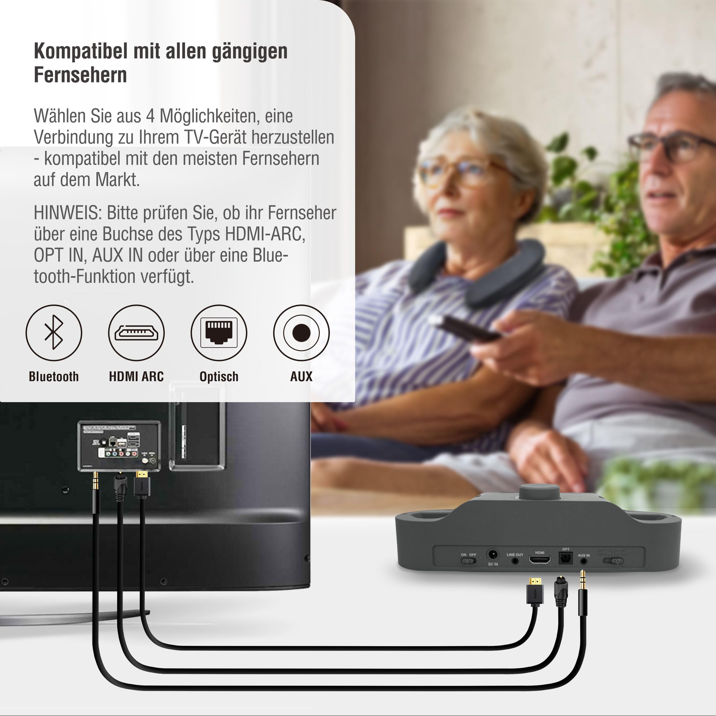 LEICKE Edgar Duo TV-Lautsprecher - Tragbarer Kabelloser Nackenkopfhörer mit hörverstärker für Senioren Schwerhörige -Bluetooth 5.3, HDMI, Aux & Optik-Eingang Fernseher Sprachverstärker-Generation 2