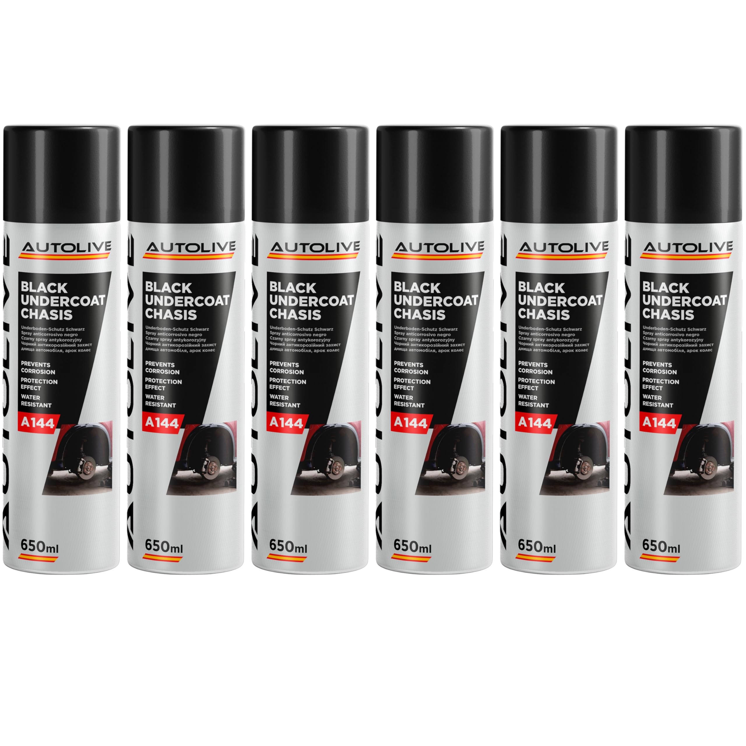 AUTOLIVE Antigravilla para Coche Pack de 6 – Spray Negro de Protección para Bajos, Chasis y Pasos de Rueda – Efecto Anticorrosión y Antirruido Spray 650 ml